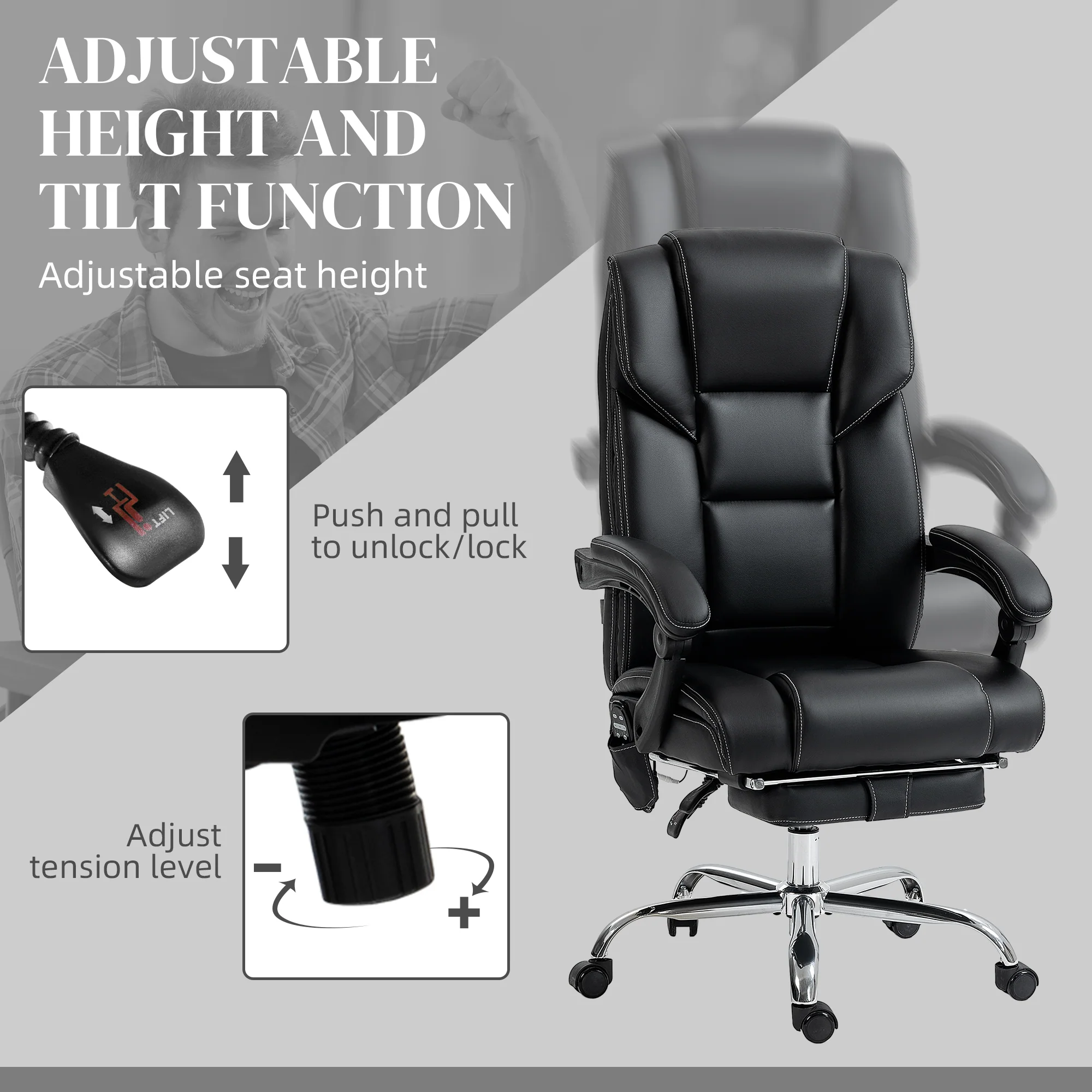 6 Point Massage Office Chair w/ Heat, Reclining Back & Adjustable Height, Black - Image 7