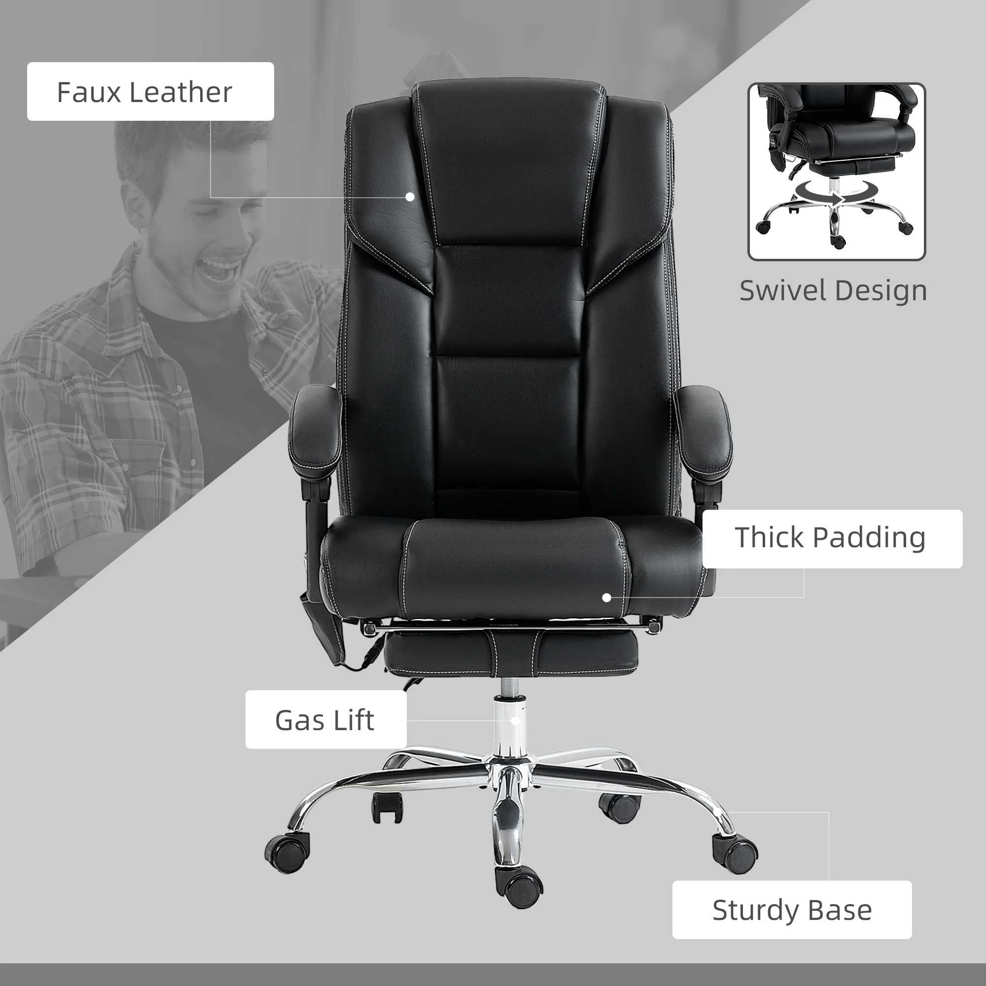 6 Point Massage Office Chair w/ Heat, Reclining Back & Adjustable Height, Black - Image 9