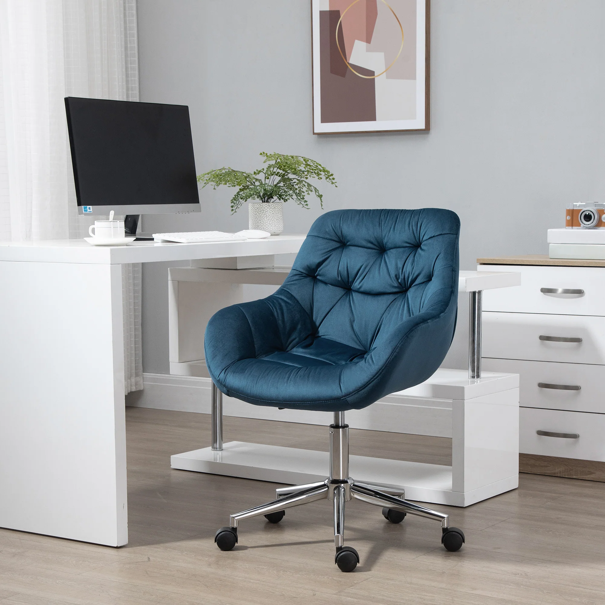 Velvet Computer Chair with Adjustable Height, Arm & Back Support for Home Study Bedroom, Blue - Image 3