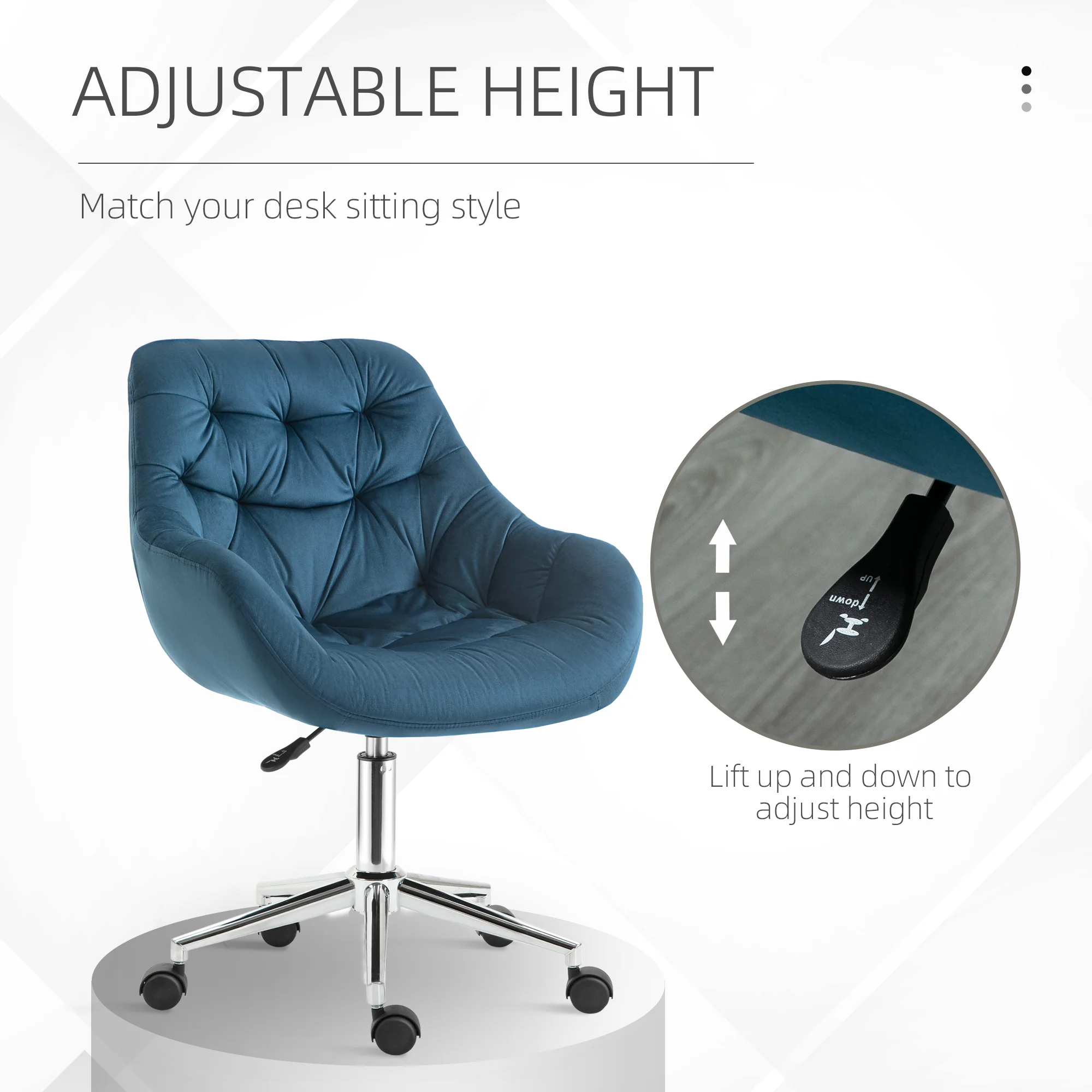 Velvet Computer Chair with Adjustable Height, Arm & Back Support for Home Study Bedroom, Blue - Image 6