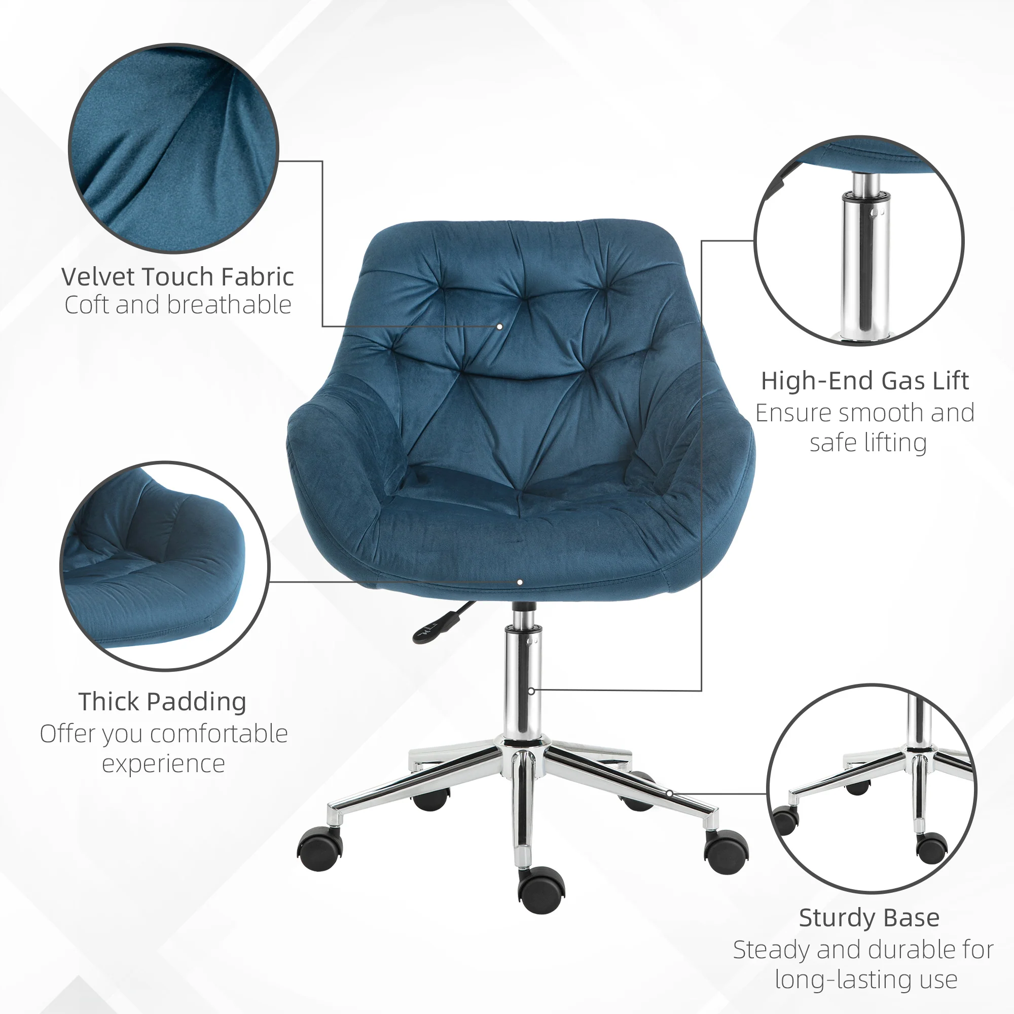 Velvet Computer Chair with Adjustable Height, Arm & Back Support for Home Study Bedroom, Blue - Image 8