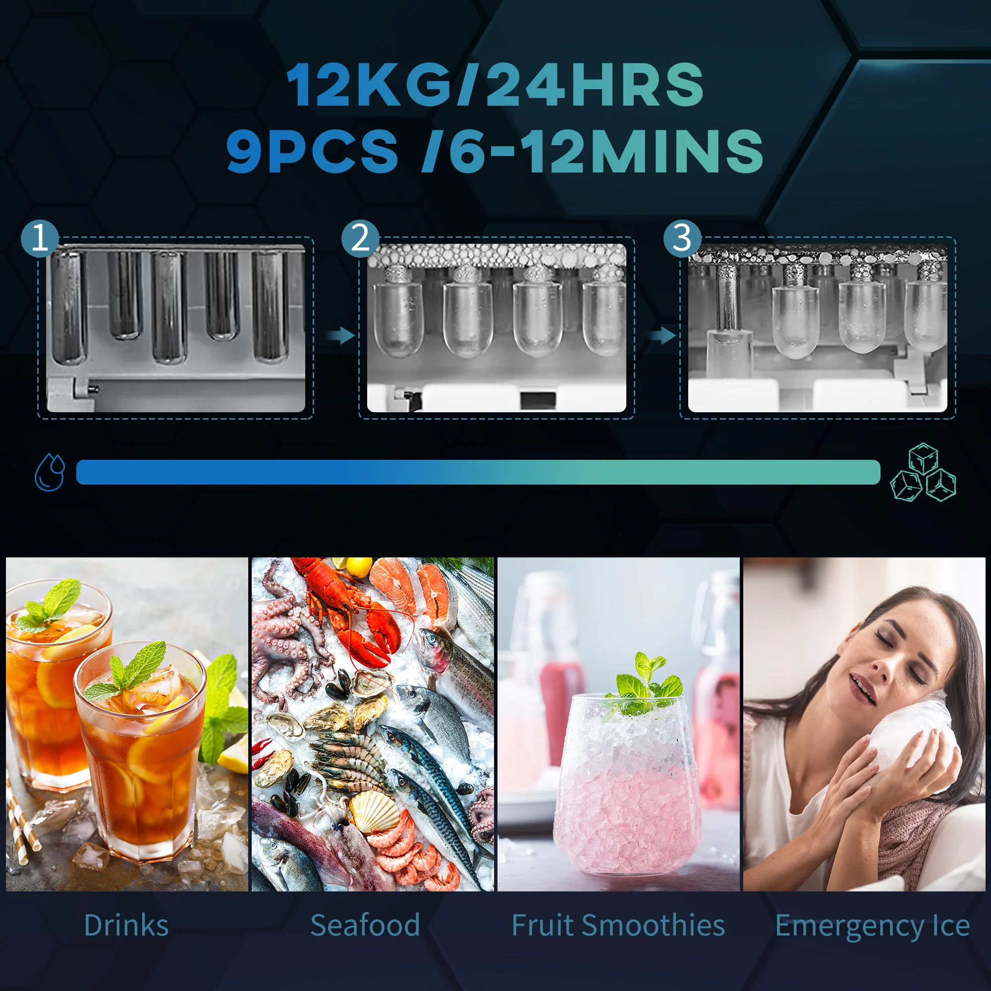 Ice Maker Machine Counter Top, 12 Kg in 24 Hrs, 9 Cubes Ready in 6- 12 Mins, Black - Image 6