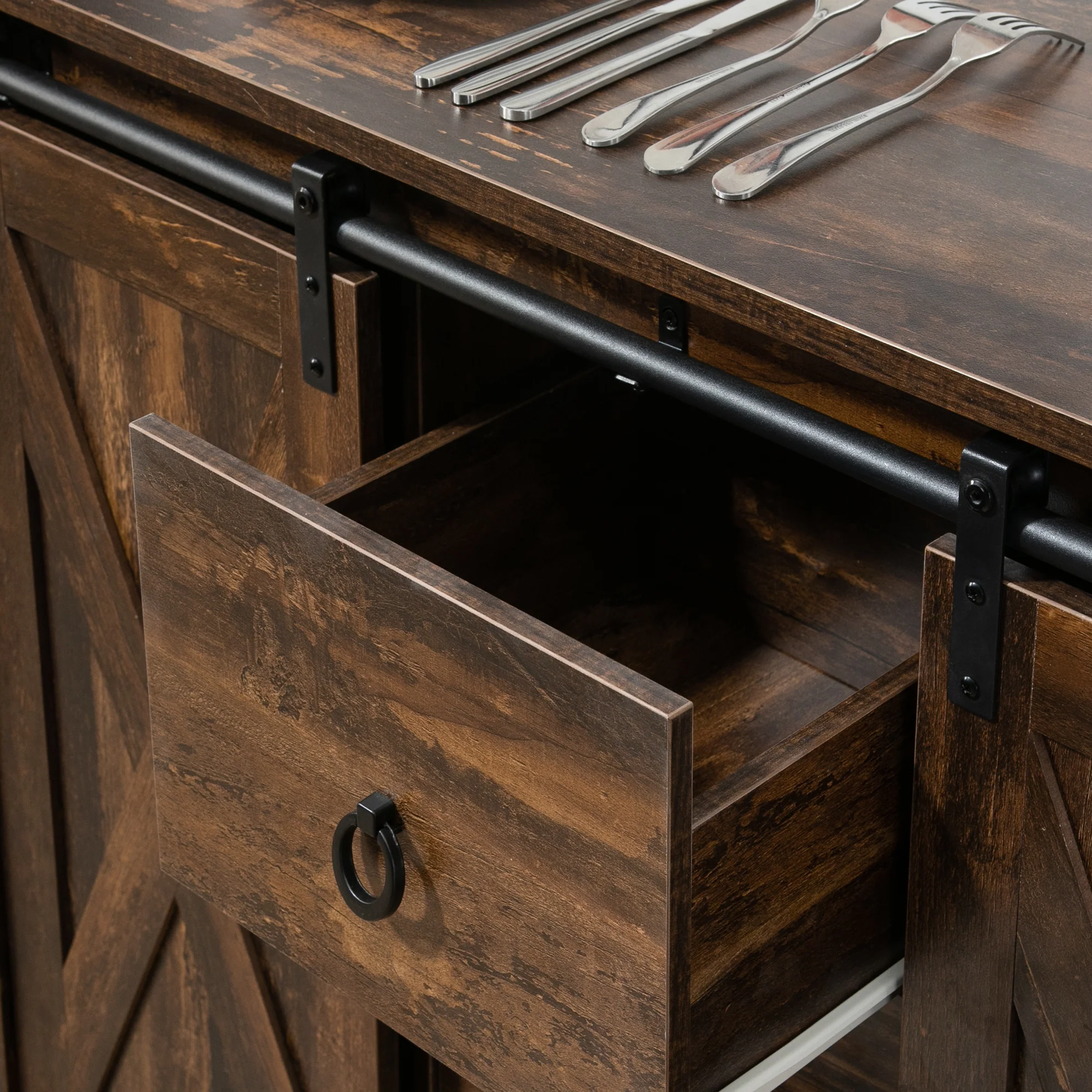 Industrial Sideboard with Sliding Barn Doors & Drawers, Rustic Brown - Image 10