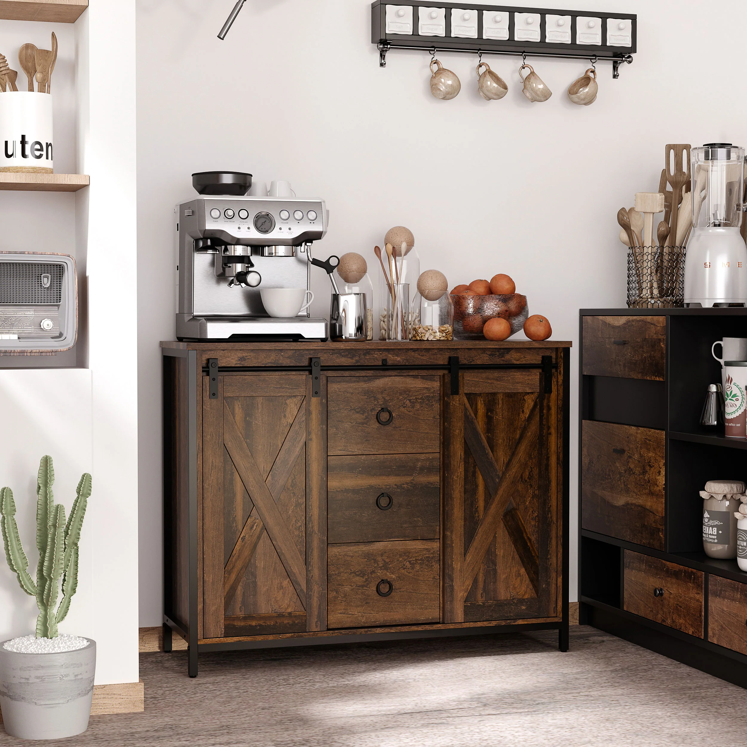 Industrial Sideboard with Sliding Barn Doors & Drawers, Rustic Brown - Image 3