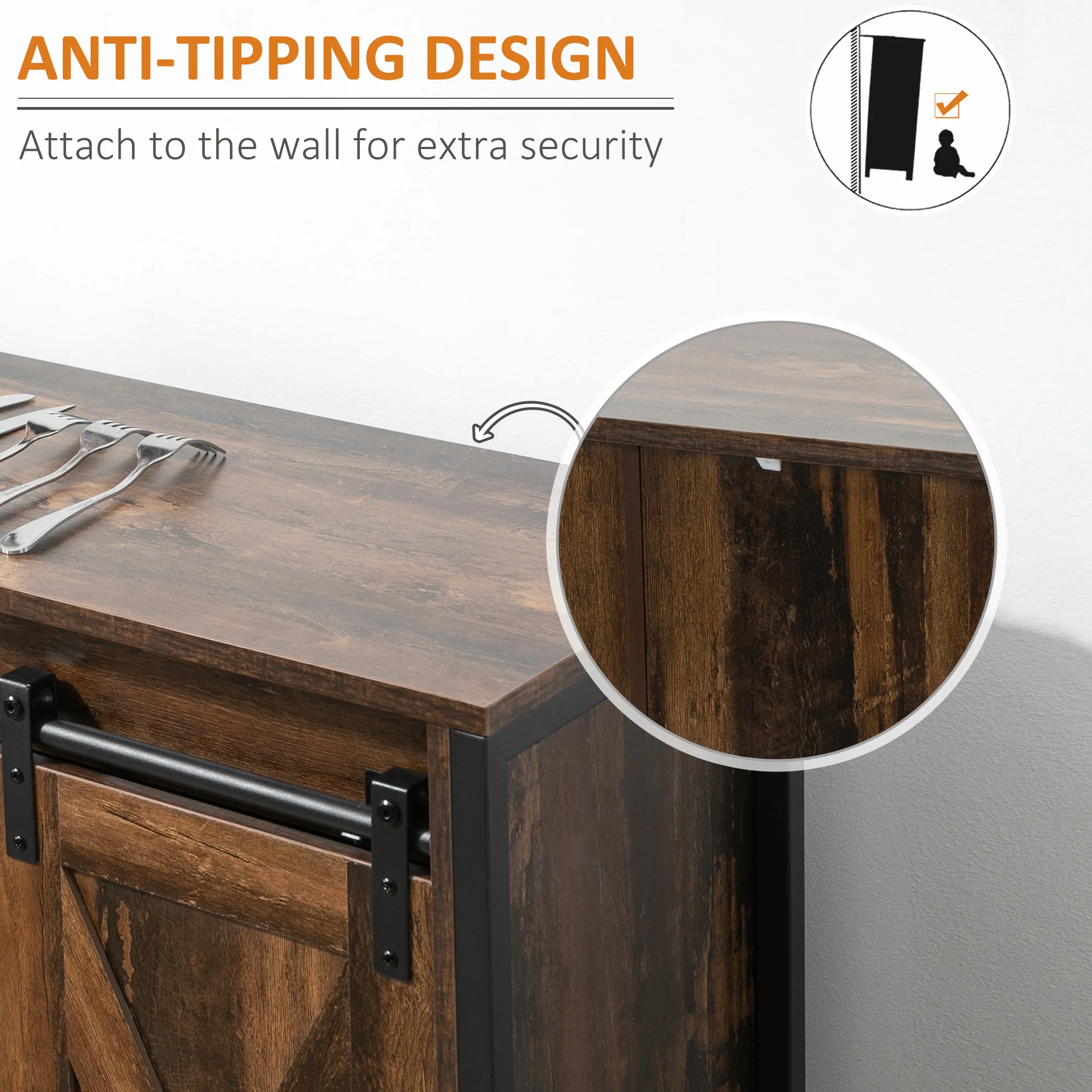 Industrial Sideboard with Sliding Barn Doors & Drawers, Rustic Brown - Image 9