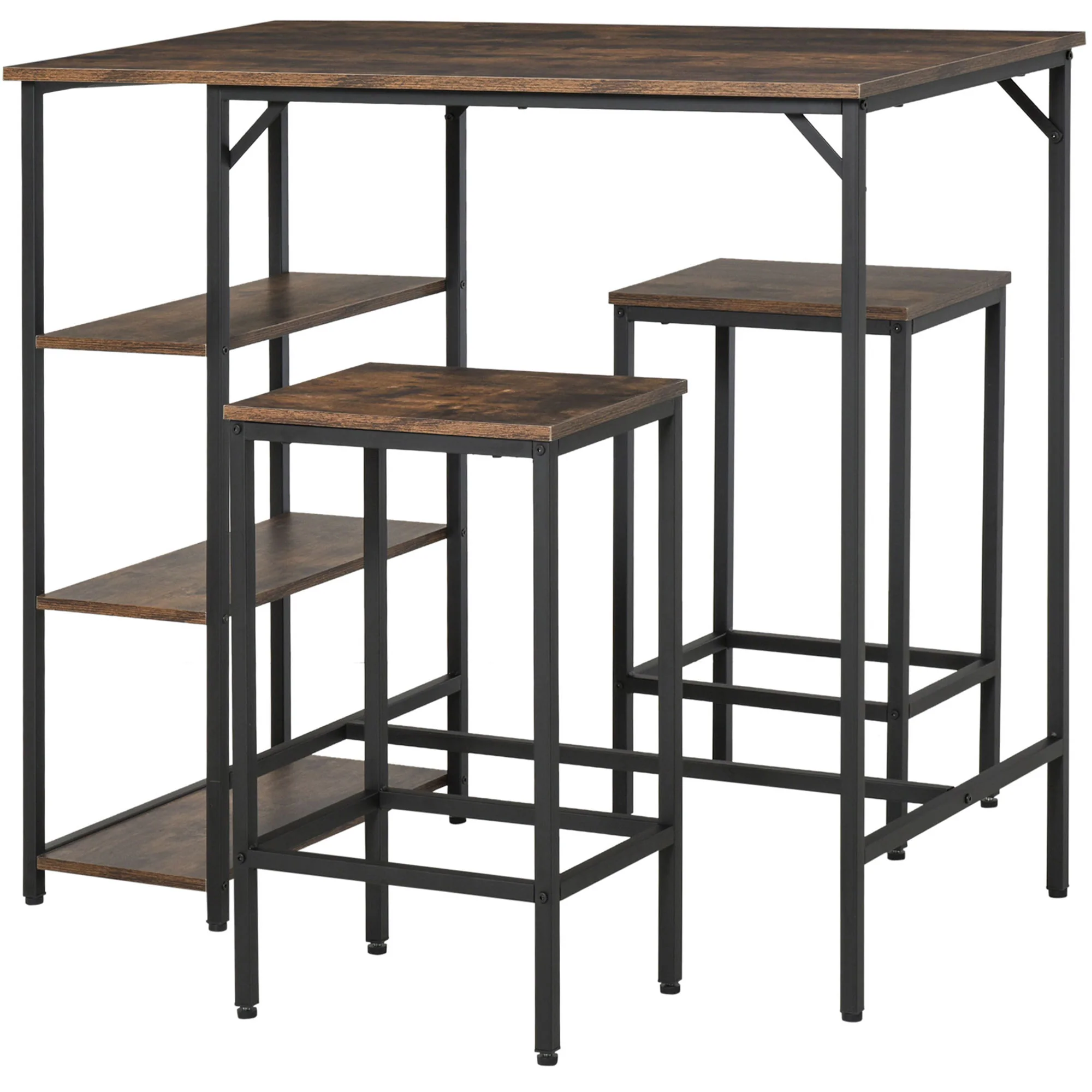 Industrial Bar Table Set for 2 with Storage Shelf, Rustic Brown