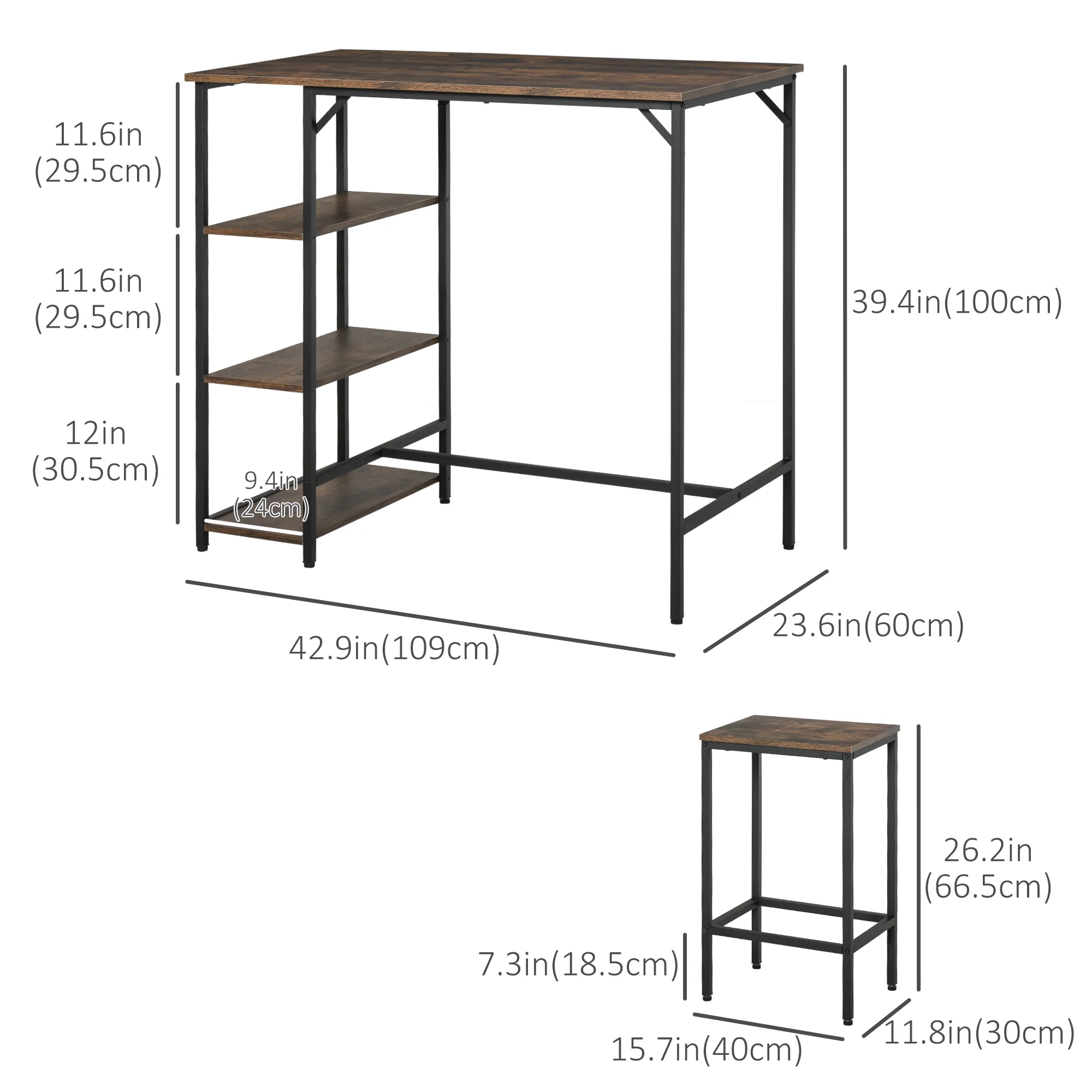 Industrial Bar Table Set for 2 with Storage Shelf, Rustic Brown - Image 5
