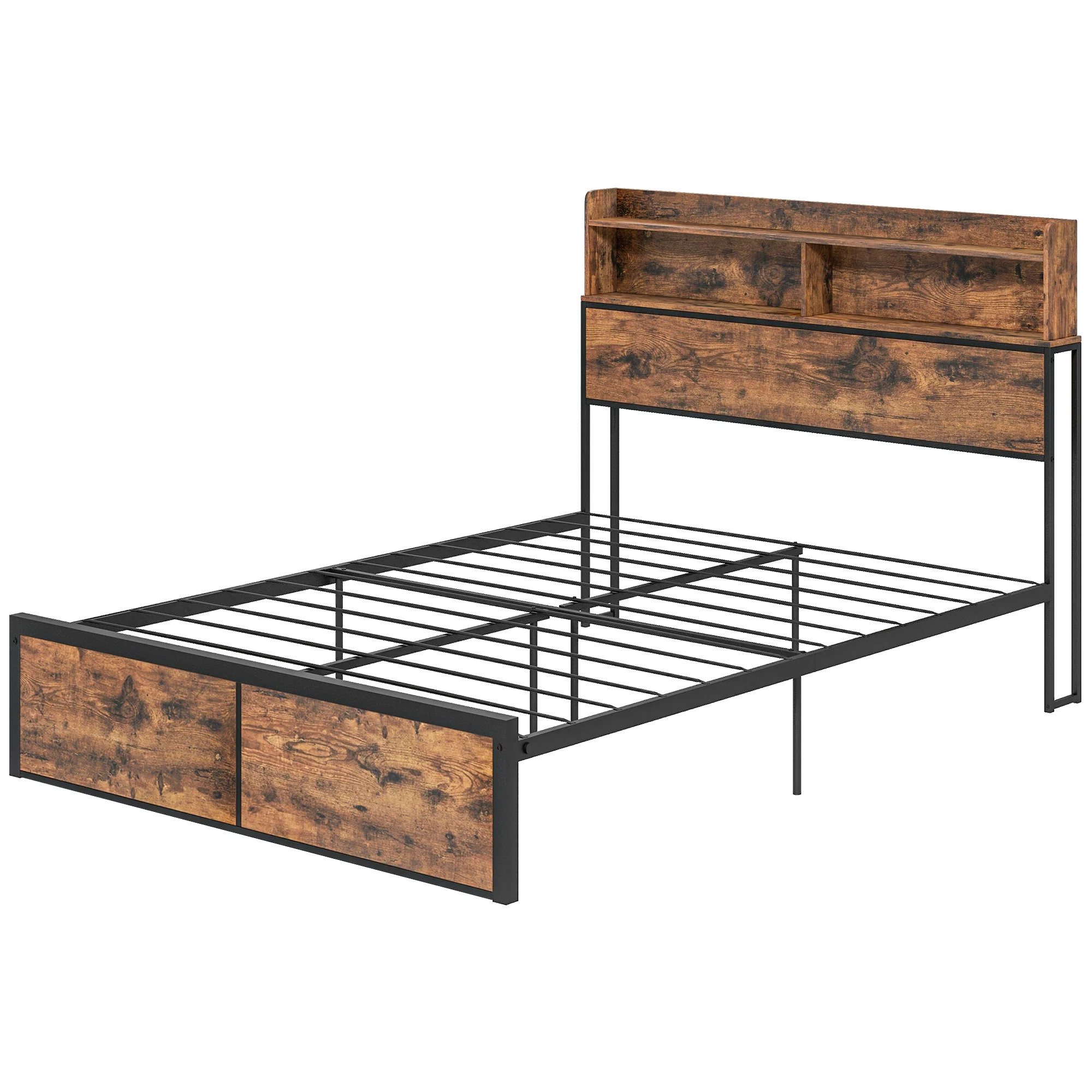 4.8FT Industrial Double Bed Frame with Storage Headboard, Slatted Support, Rustic Brown - Image 2