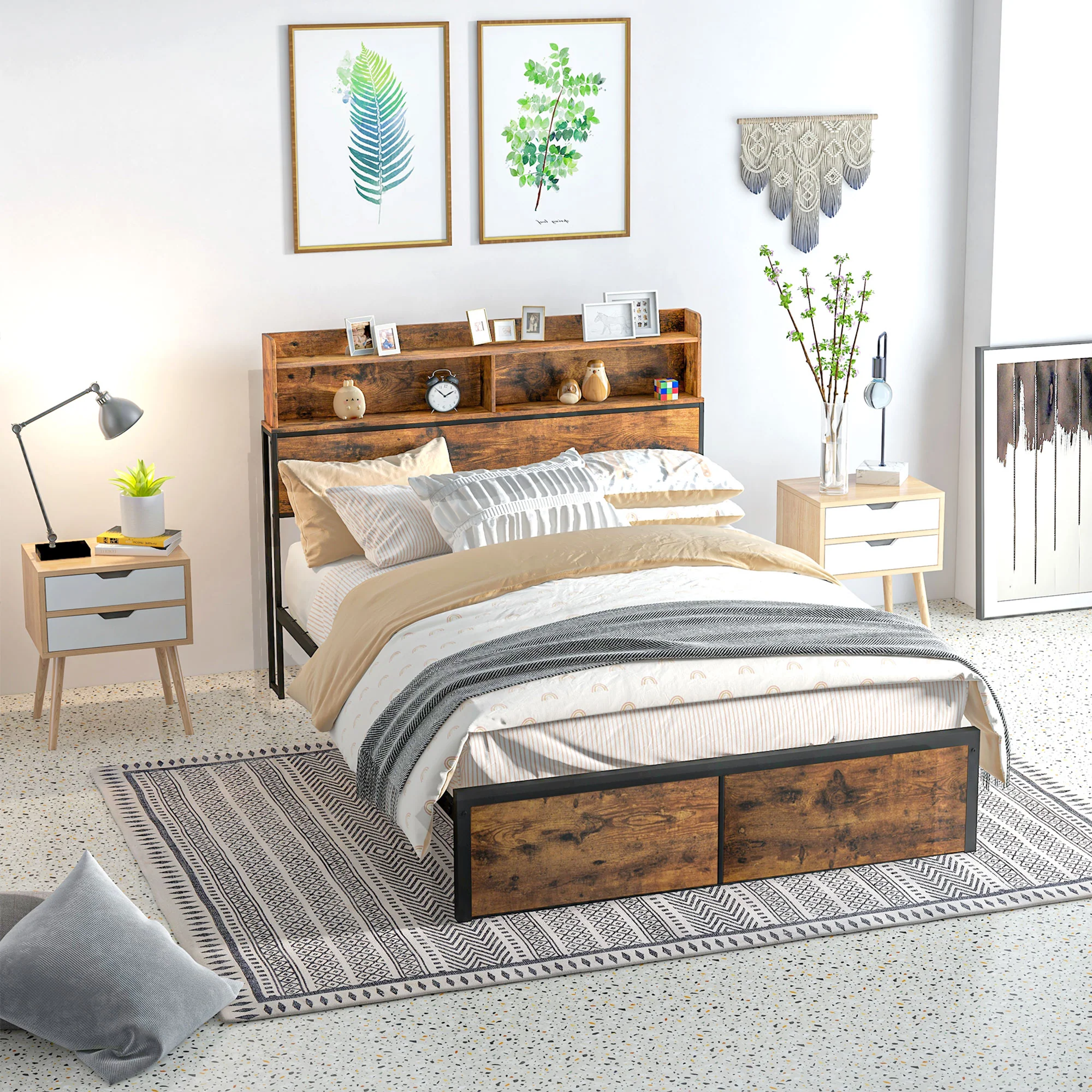 4.8FT Industrial Double Bed Frame with Storage Headboard, Slatted Support, Rustic Brown - Image 3