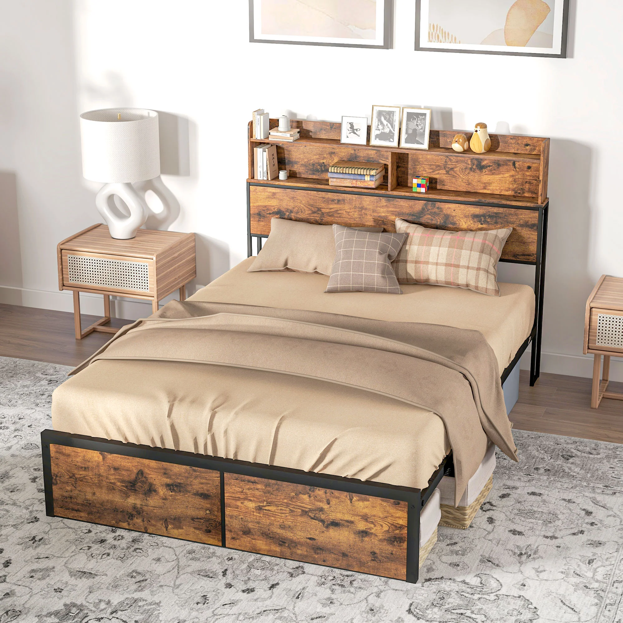 4.8FT Industrial Double Bed Frame with Storage Headboard, Slatted Support, Rustic Brown - Image 4