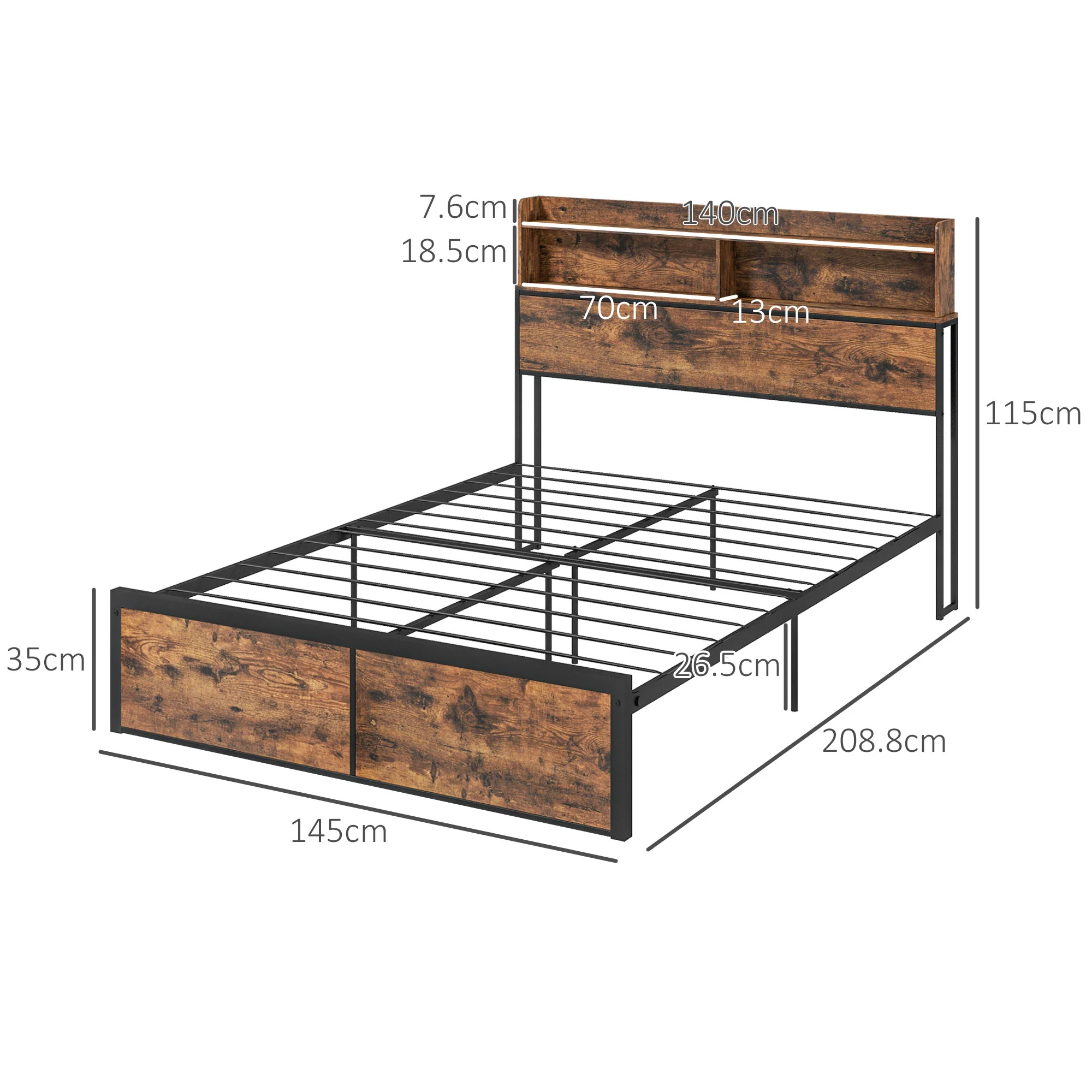4.8FT Industrial Double Bed Frame with Storage Headboard, Slatted Support, Rustic Brown - Image 5