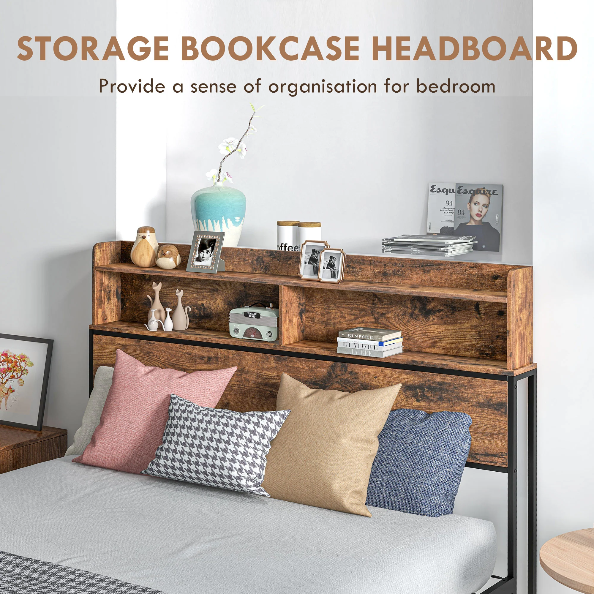 4.8FT Industrial Double Bed Frame with Storage Headboard, Slatted Support, Rustic Brown - Image 6