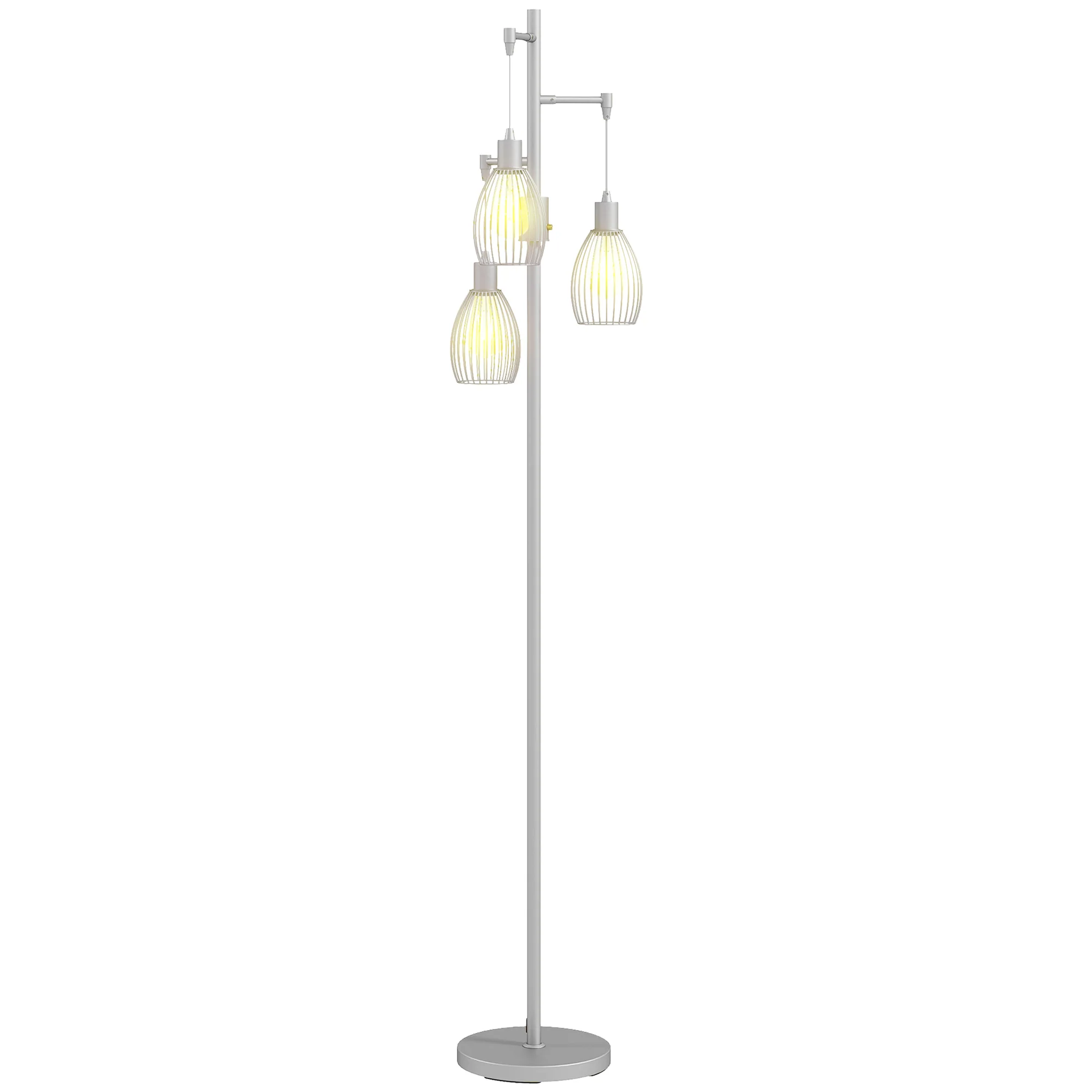 Industrial Floor Lamp with 3 Hanging Wire Lampshades, Silver