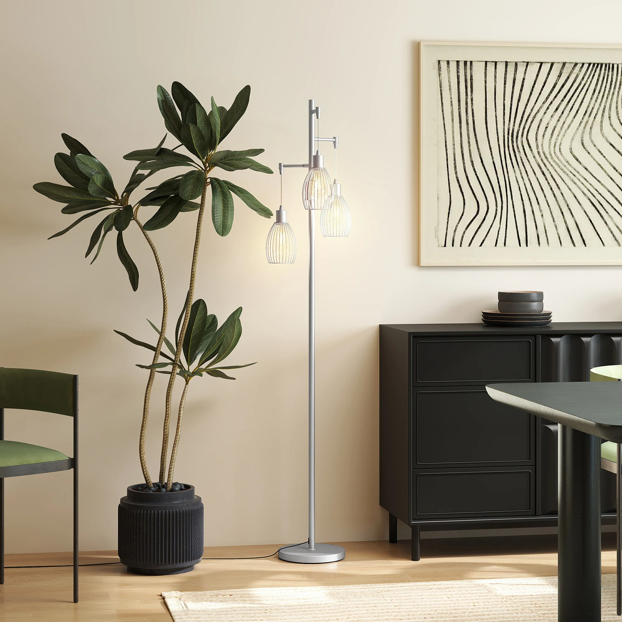 Industrial Floor Lamp with 3 Hanging Wire Lampshades, Silver - Image 10