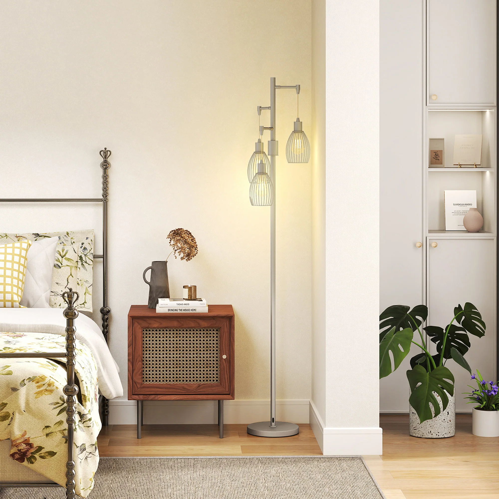 Industrial Floor Lamp with 3 Hanging Wire Lampshades, Silver - Image 11