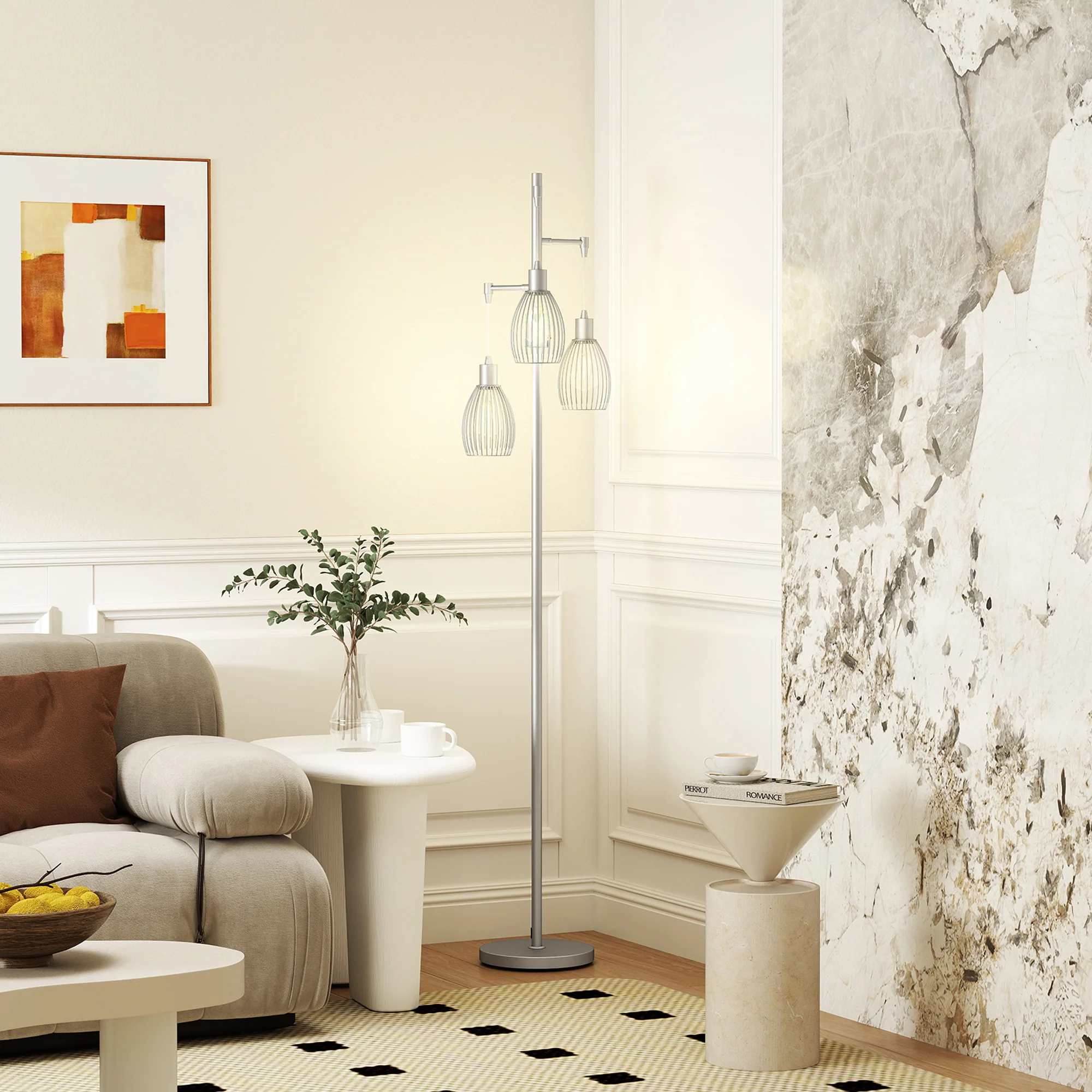 Industrial Floor Lamp with 3 Hanging Wire Lampshades, Silver - Image 3