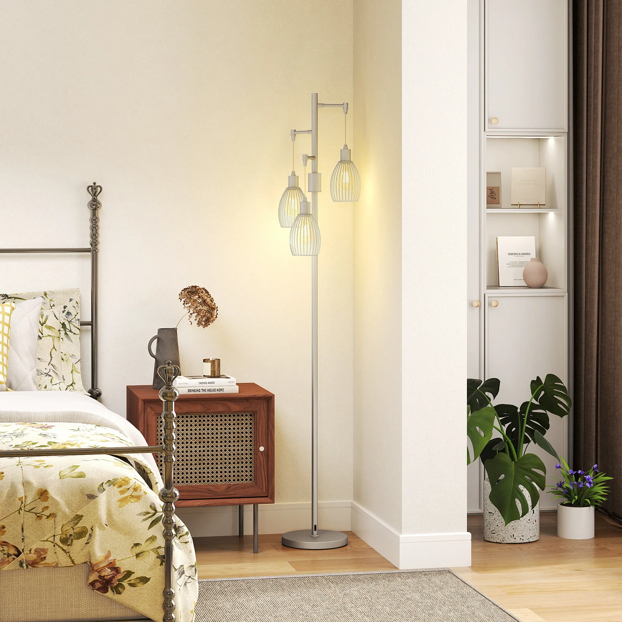 Industrial Floor Lamp with 3 Hanging Wire Lampshades, Silver - Image 4