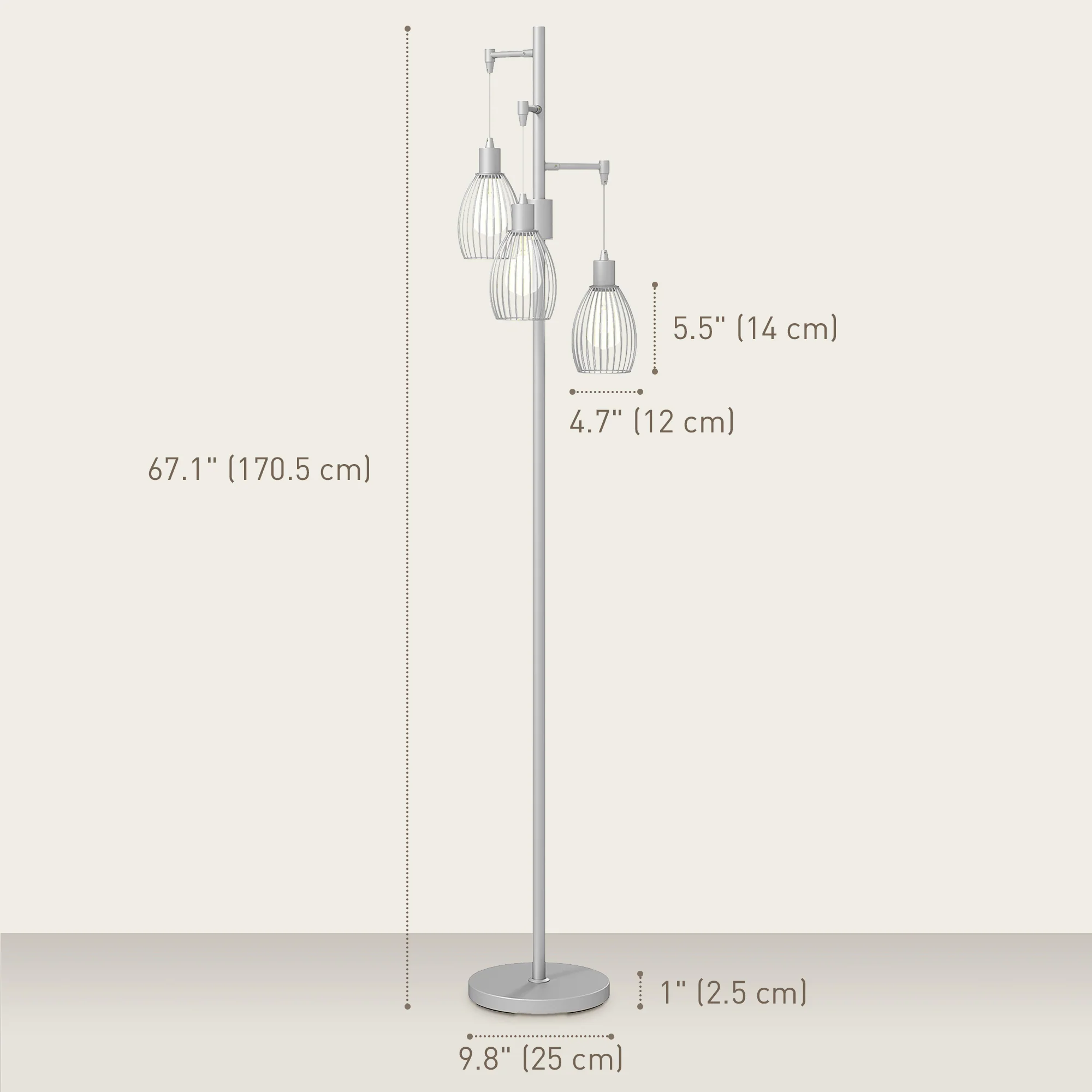 Industrial Floor Lamp with 3 Hanging Wire Lampshades, Silver - Image 5