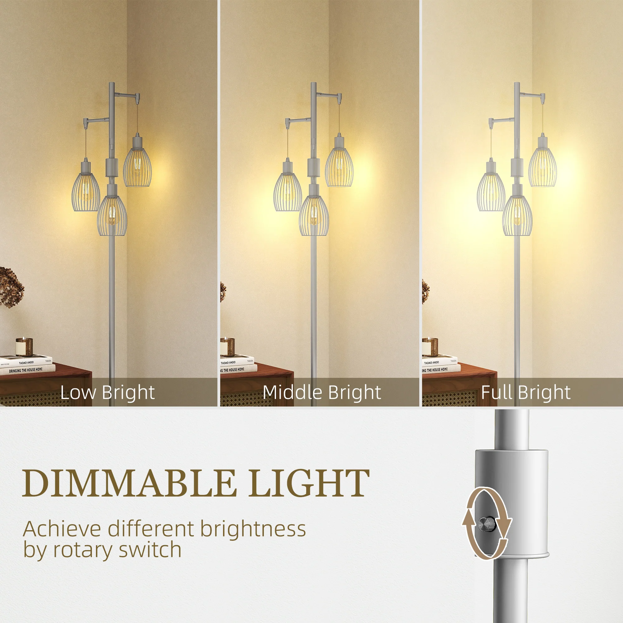 Industrial Floor Lamp with 3 Hanging Wire Lampshades, Silver - Image 6