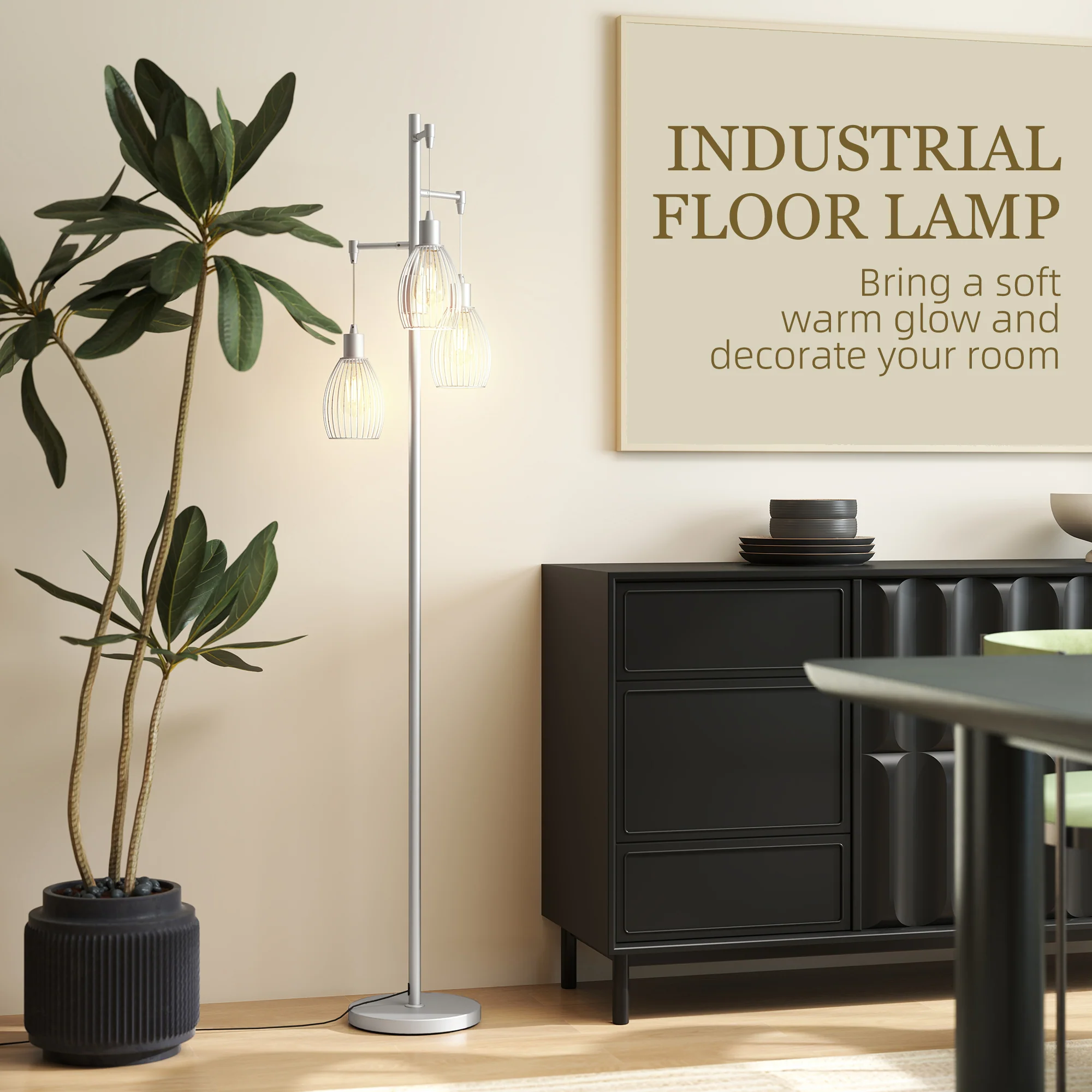 Industrial Floor Lamp with 3 Hanging Wire Lampshades, Silver - Image 7