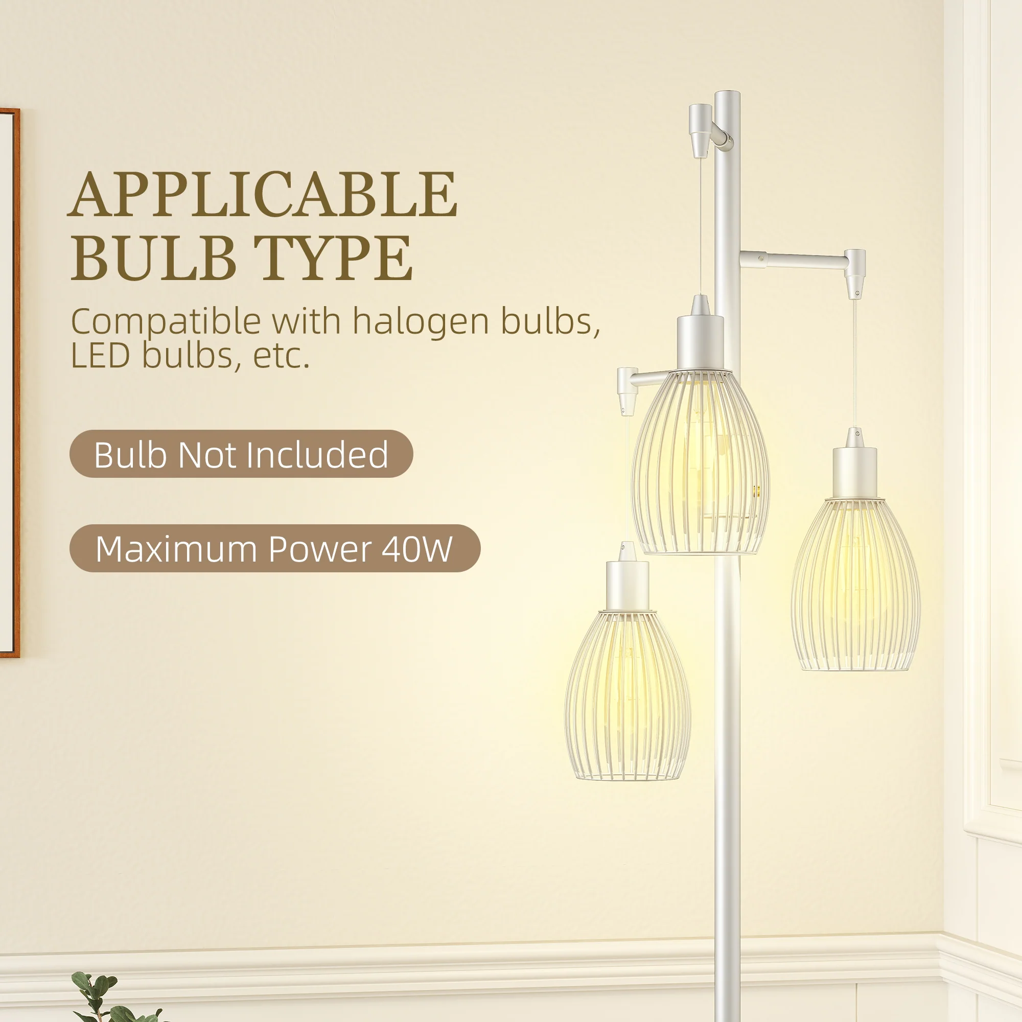 Industrial Floor Lamp with 3 Hanging Wire Lampshades, Silver - Image 9