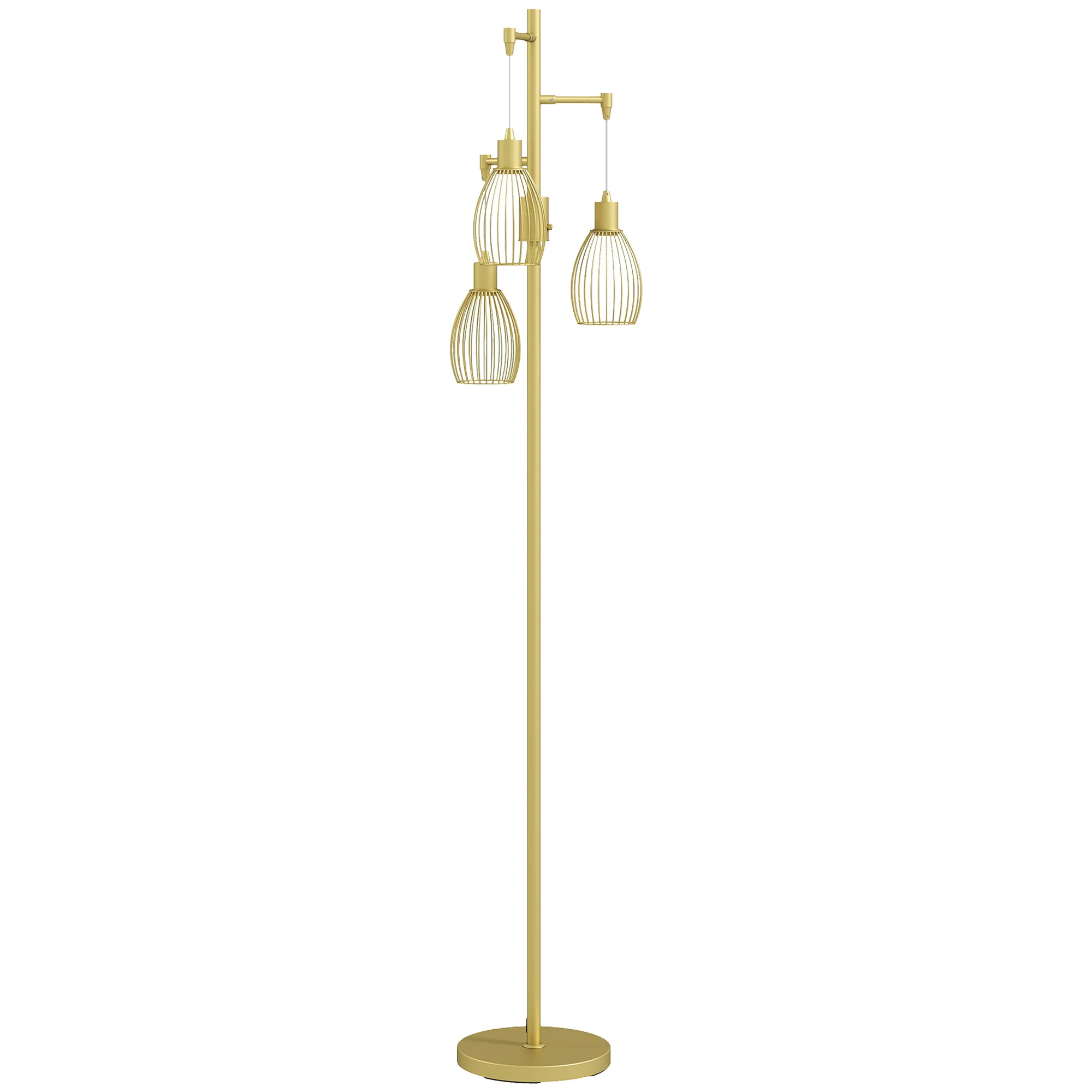 Industrial Floor Lamp with 3 Hanging Wire Lampshades, Gold - Image 12