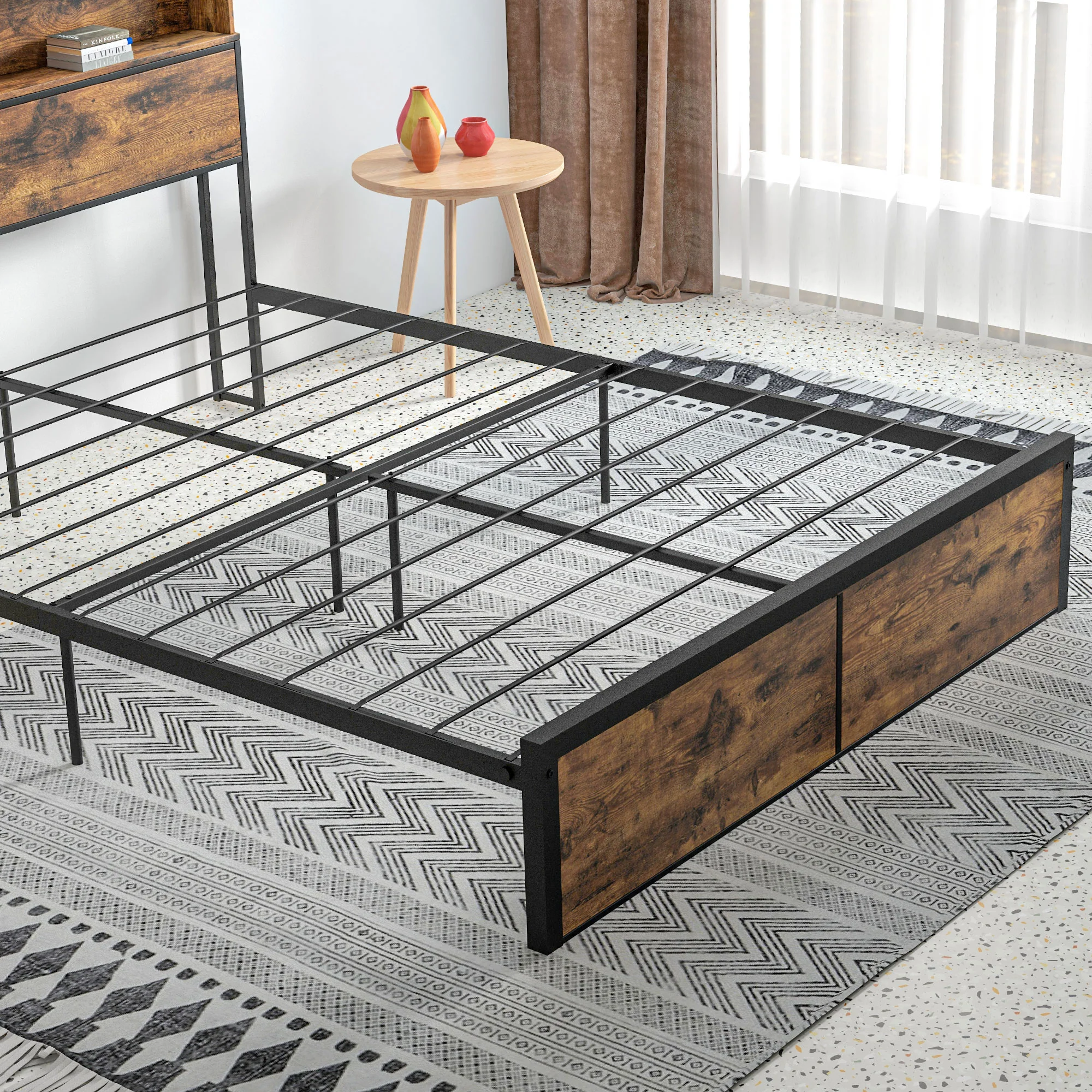 5.2FT Industrial King Bed Frame with Storage Headboard, Slatted Support, Rustic Brown - Image 10