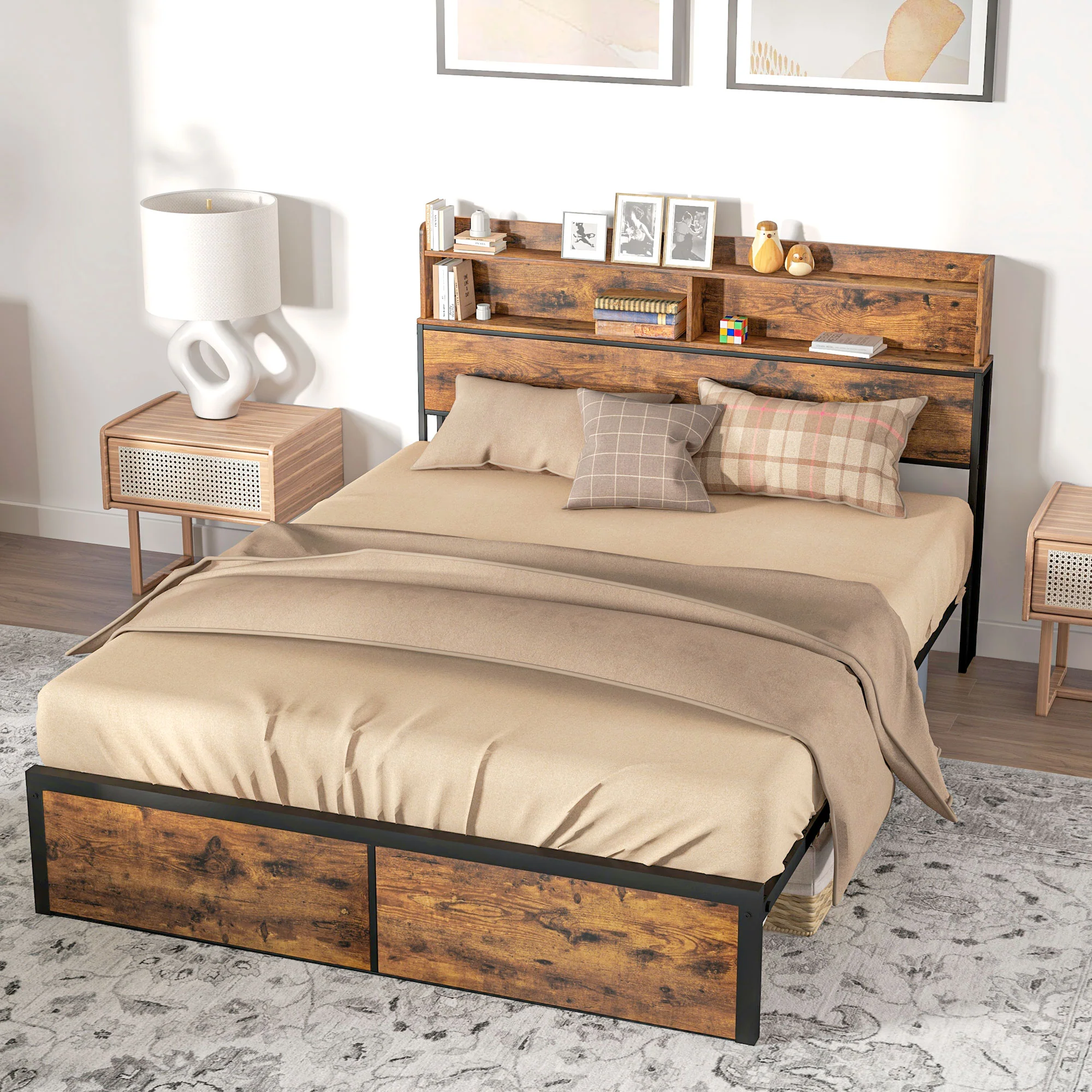 5.2FT Industrial King Bed Frame with Storage Headboard, Slatted Support, Rustic Brown - Image 4