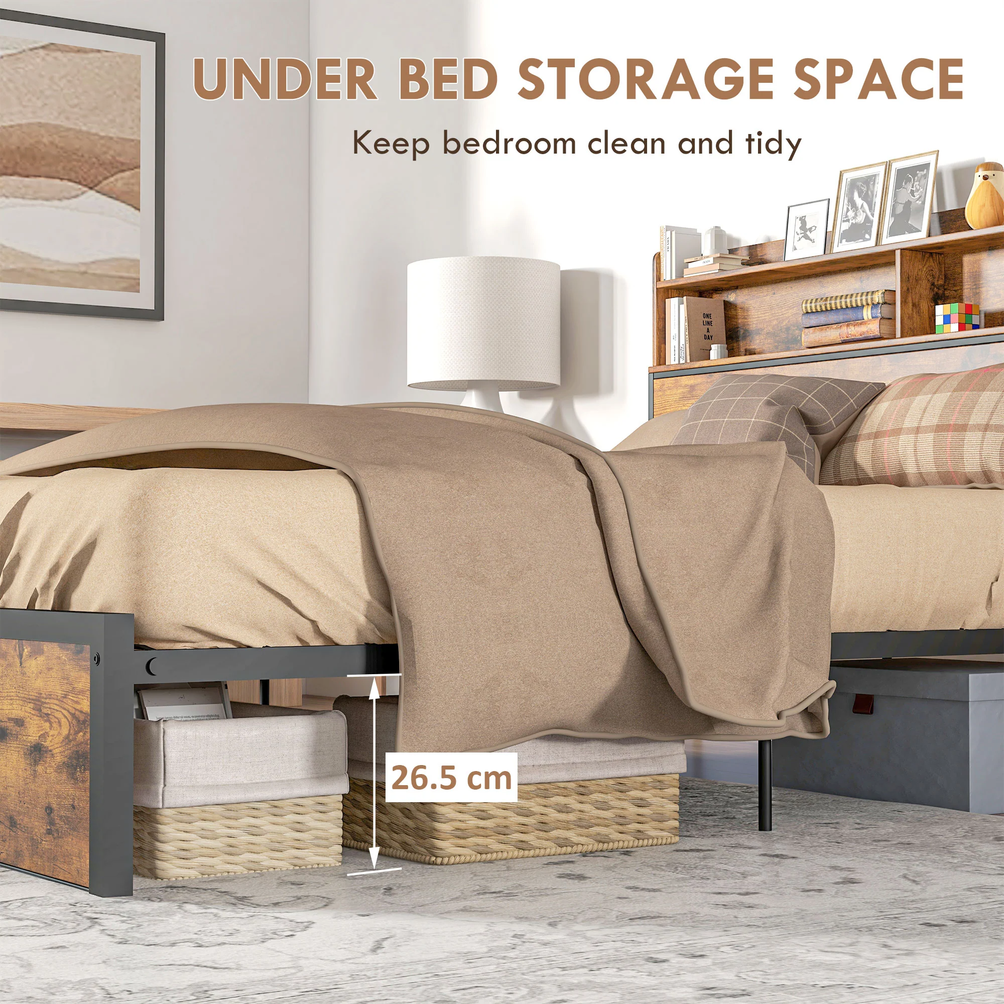 5.2FT Industrial King Bed Frame with Storage Headboard, Slatted Support, Rustic Brown - Image 7