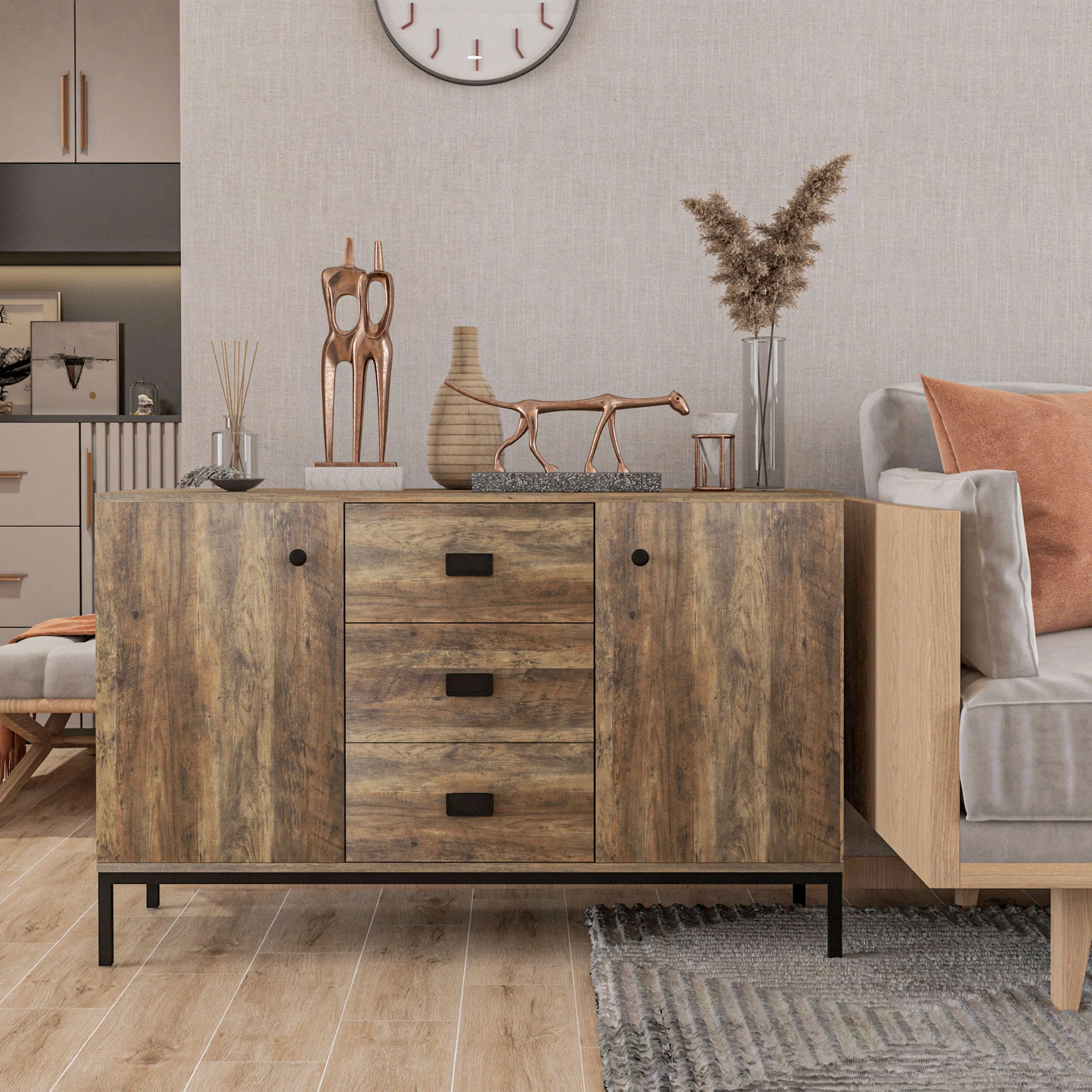 Industrial Sideboard with 2 Cupboards & 3 Drawers, Distressed Brown - Image 3