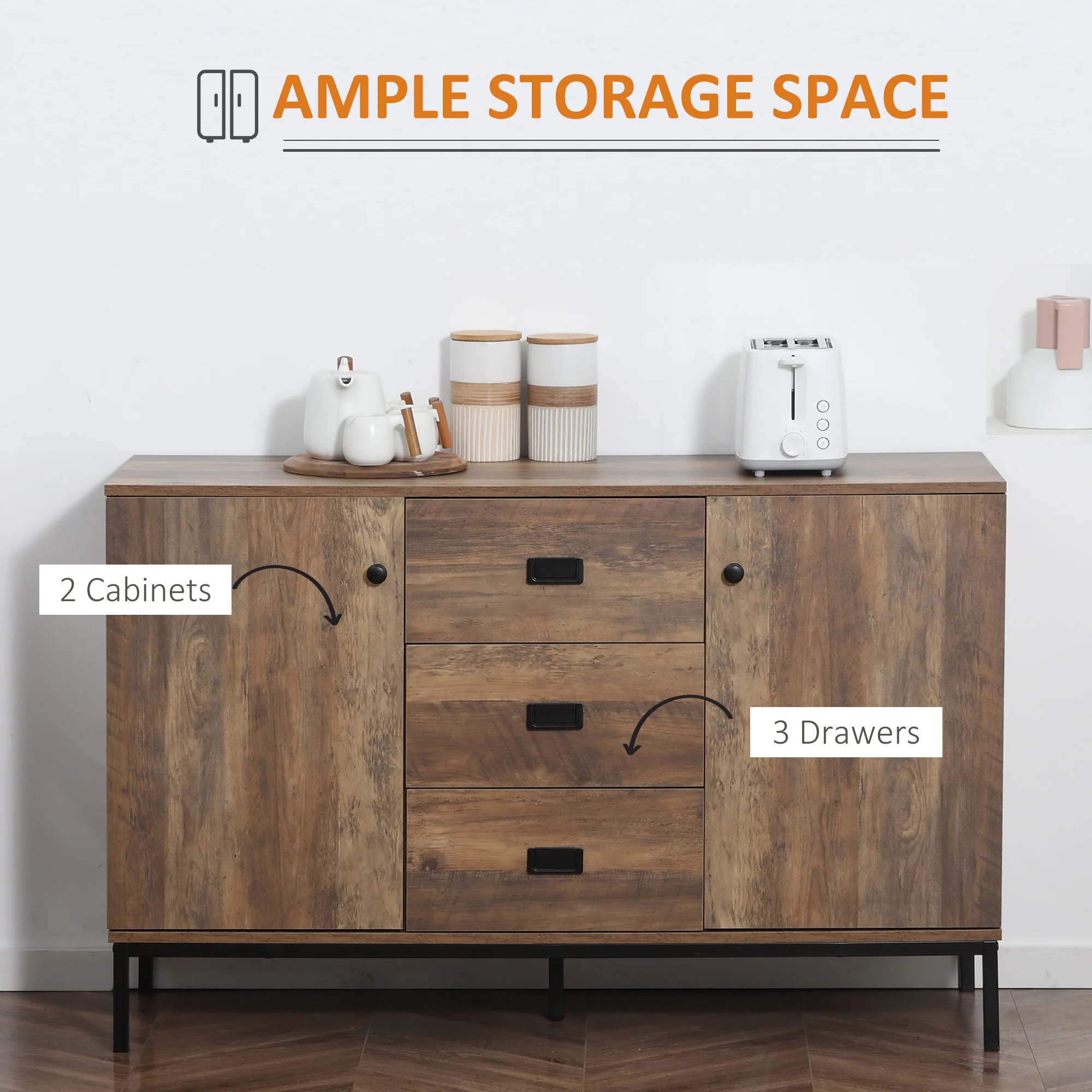 Industrial Sideboard with 2 Cupboards & 3 Drawers, Distressed Brown - Image 6