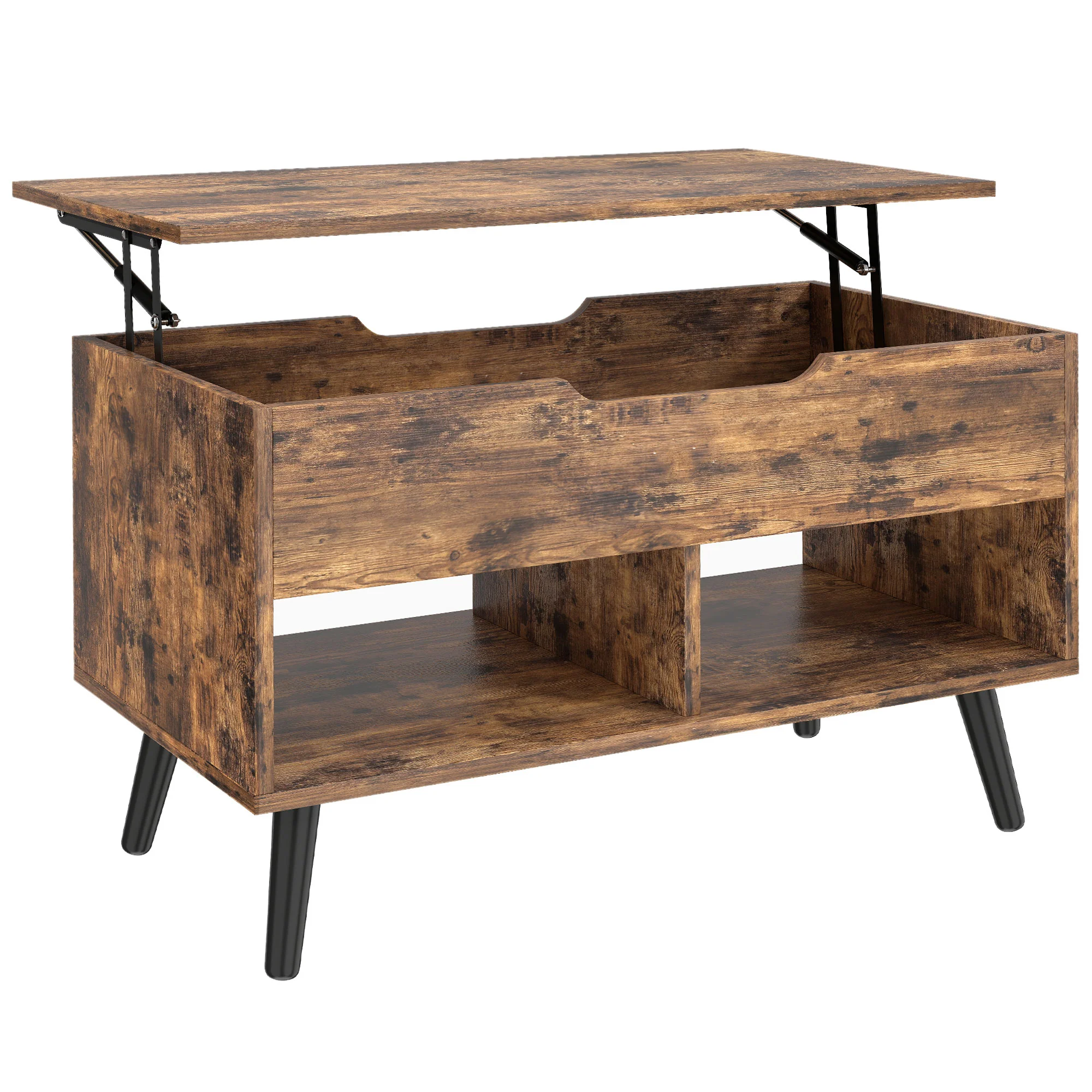 Industrial Lift Top Coffee Table, Living Room Table with Hidden Compartment, Open Shelves and Metal Legs, 75 cm, Rustic Brown - Image 12