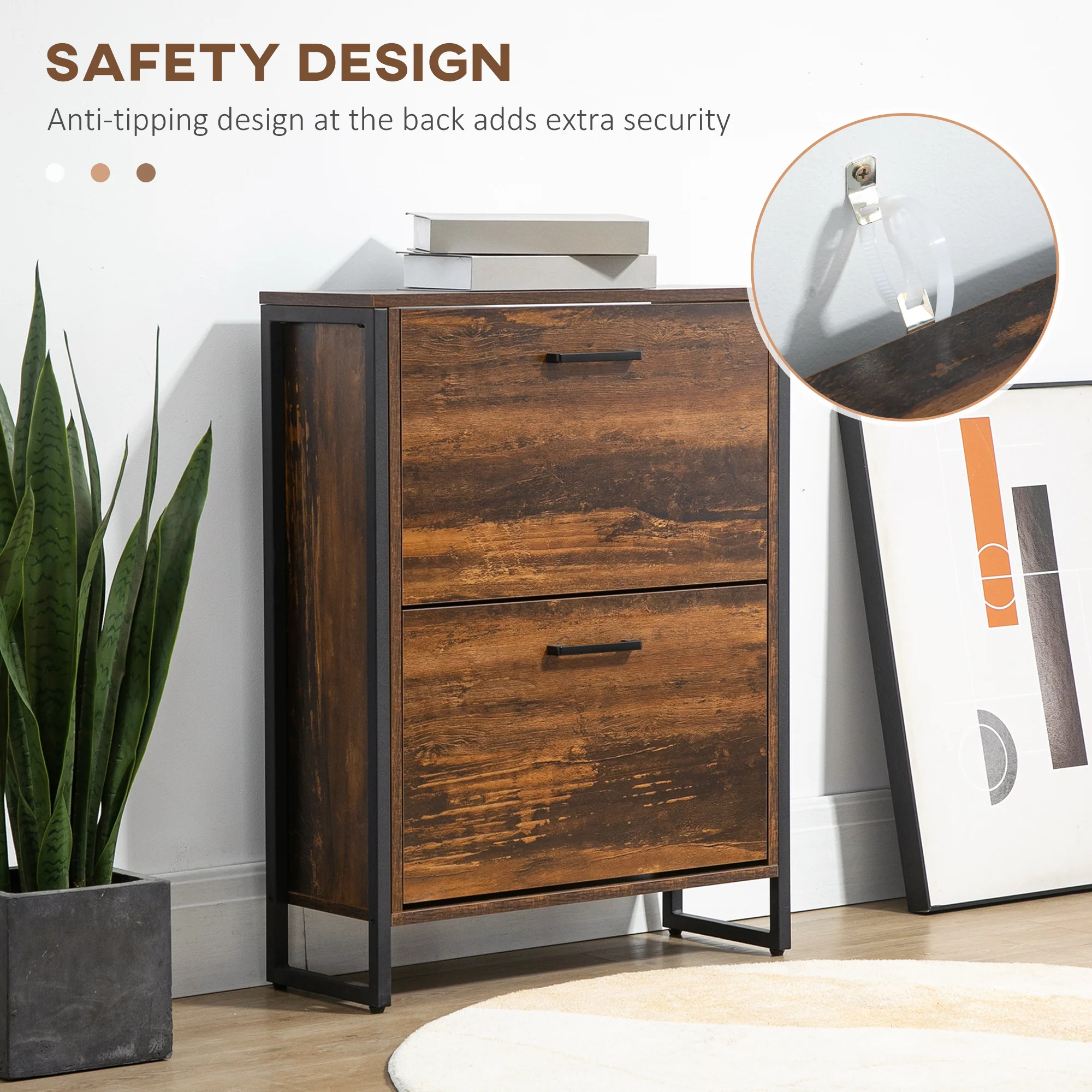 Industrial Shoe Cabinet with 2 Flip Drawers Freestanding Storage for 12 Pairs Rustic Brown - Image 8