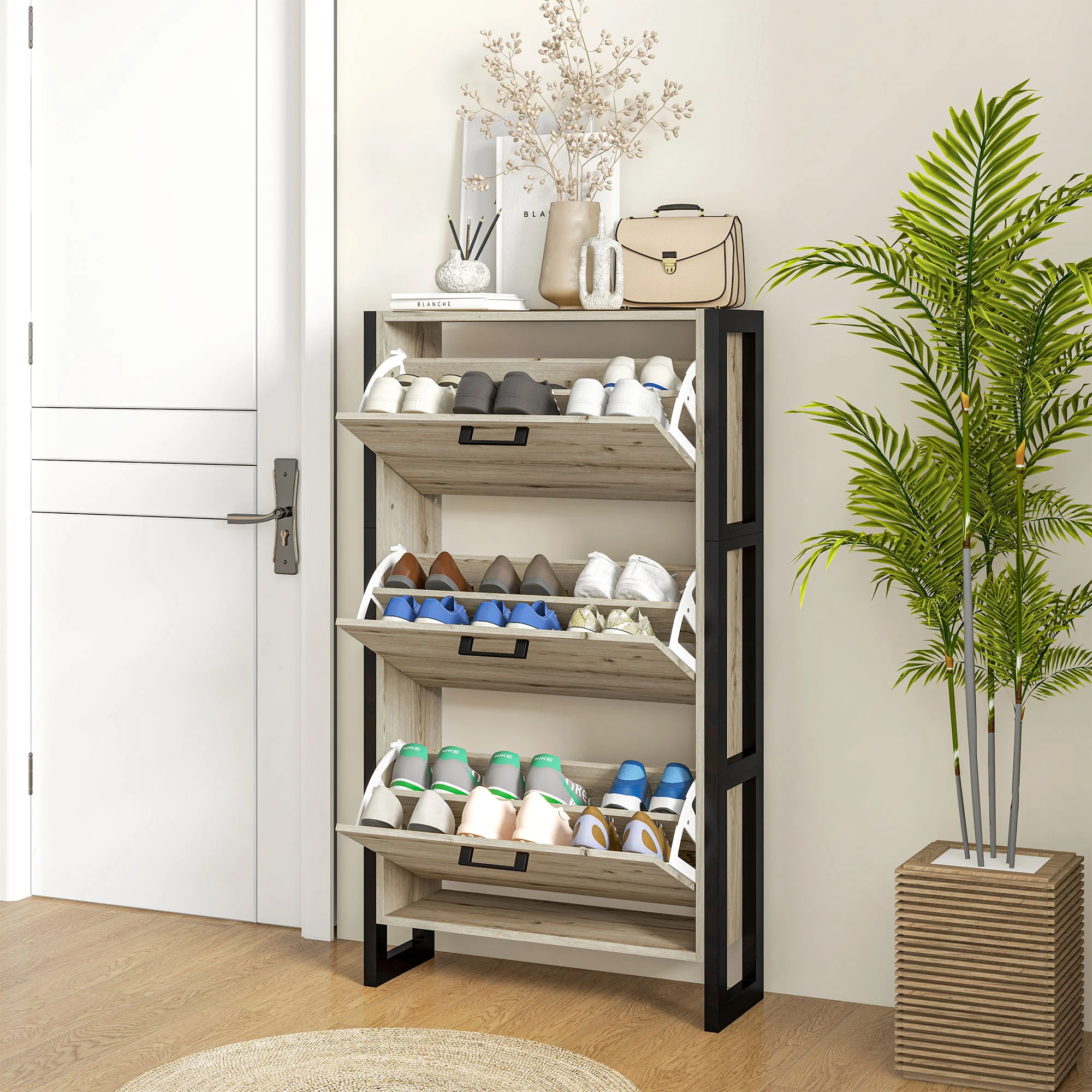 Industrial Shoe Organizer Cabinet w/ 3 Flip Drawers & Adjustable Shelf for 15 Pairs, Walnut - Image 10