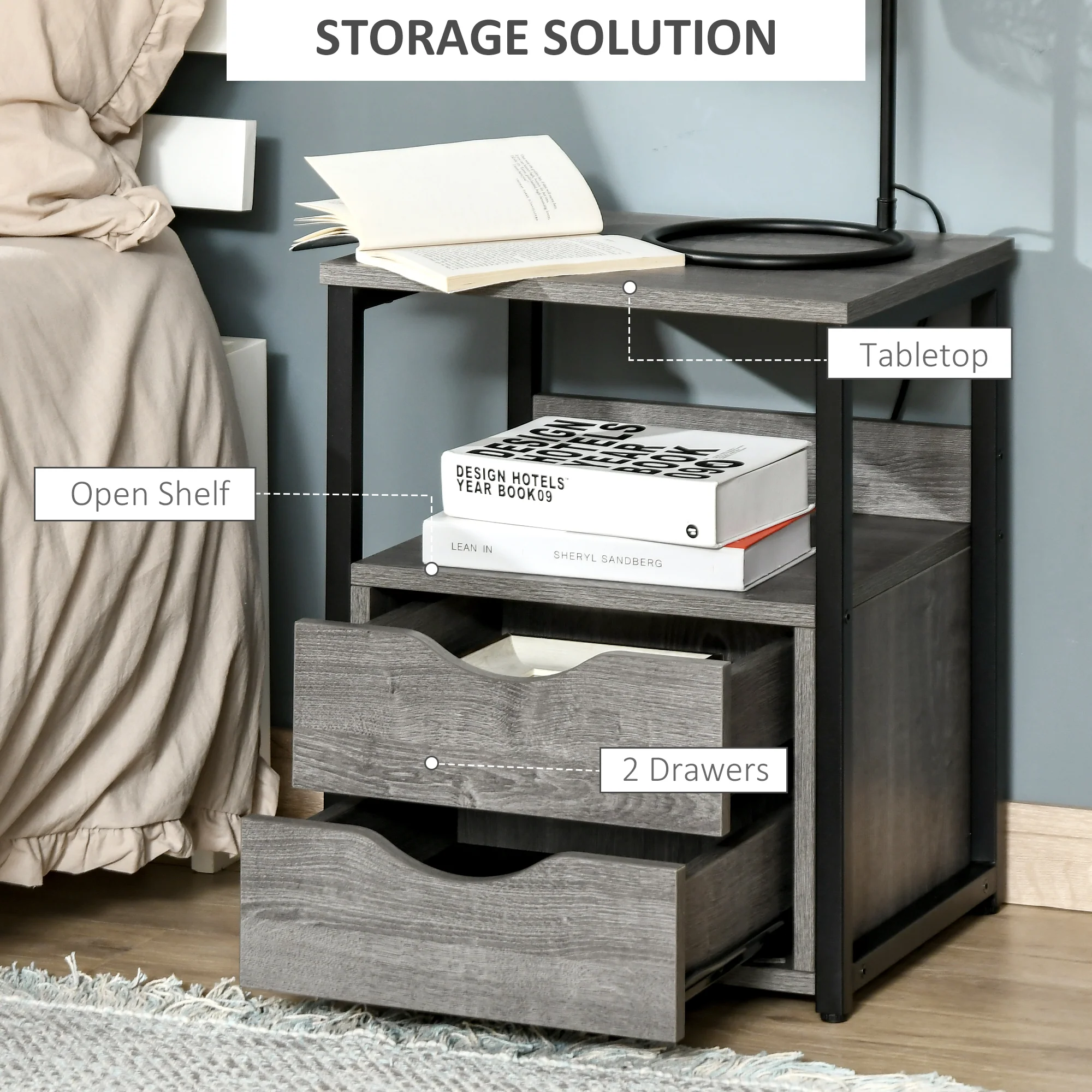Industrial Side Table with Drawer & Storage Shelf for Living Room, Bedroom, Grey - Image 6
