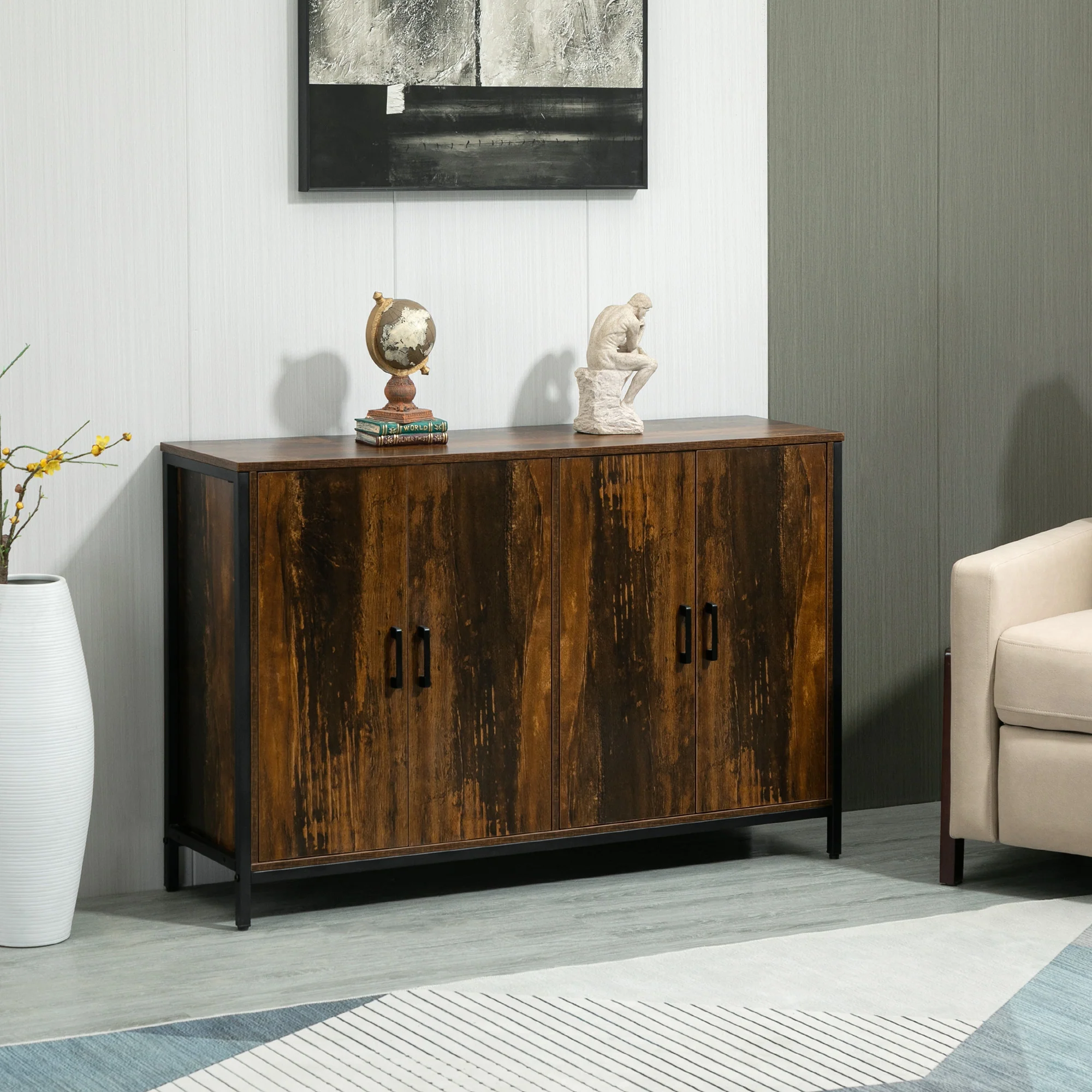 Industrial Sideboard Buffet Cabinet with Doors & Adjustable Shelves, Rustic Brown - Image 3