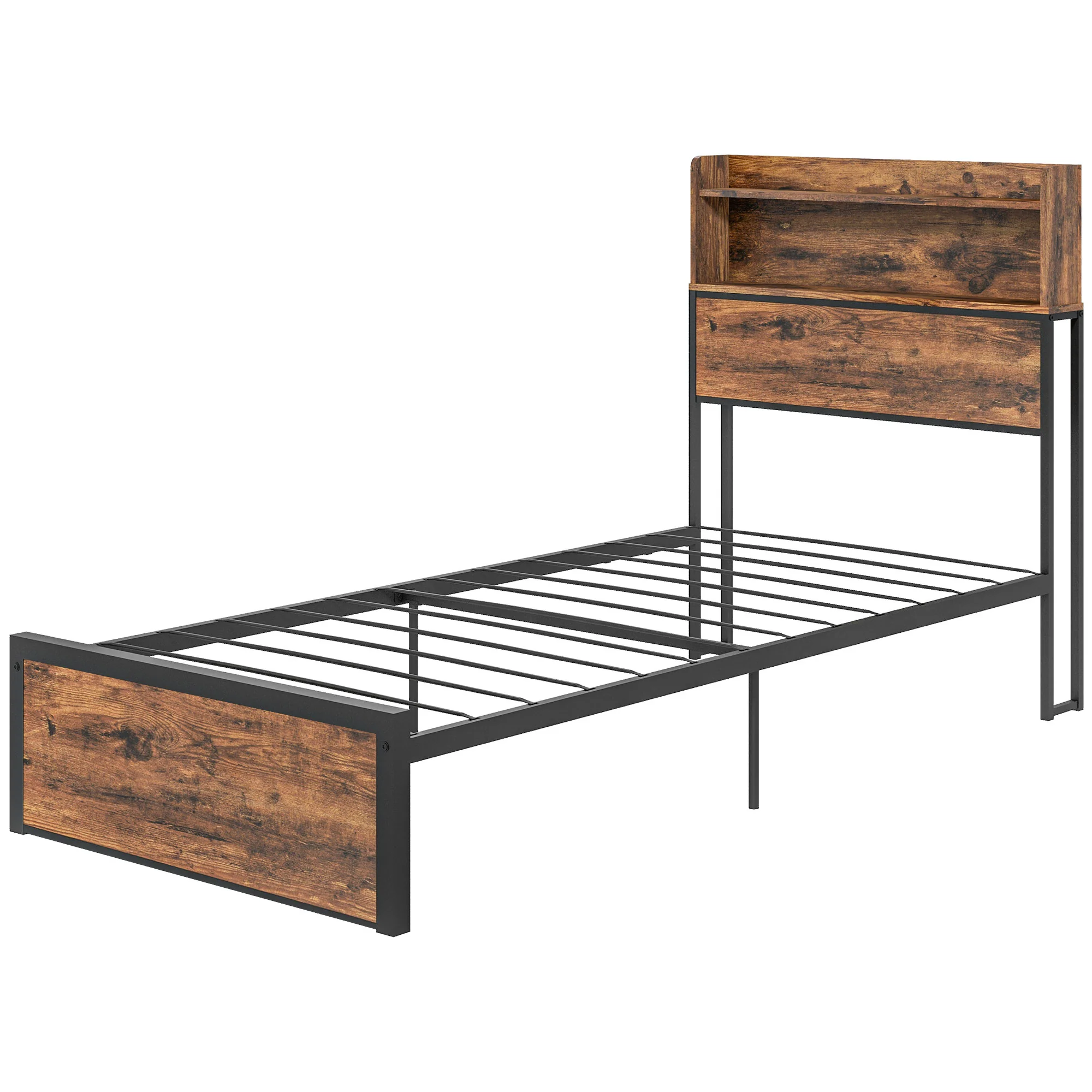 3.1FT Industrial Single Bed Frame with Storage Headboard, Slatted Support, Rustic Brown - Image 2