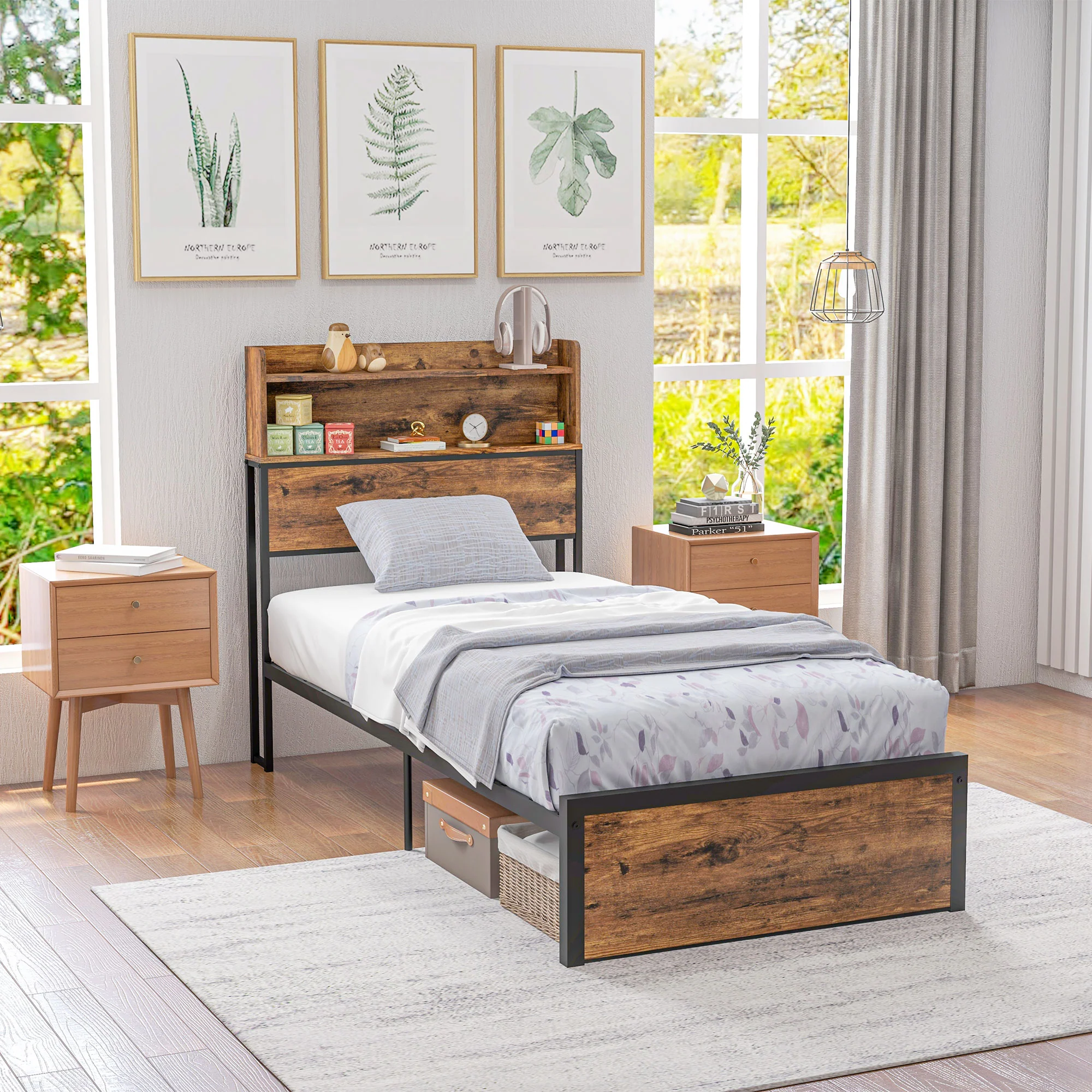 3.1FT Industrial Single Bed Frame with Storage Headboard, Slatted Support, Rustic Brown - Image 3