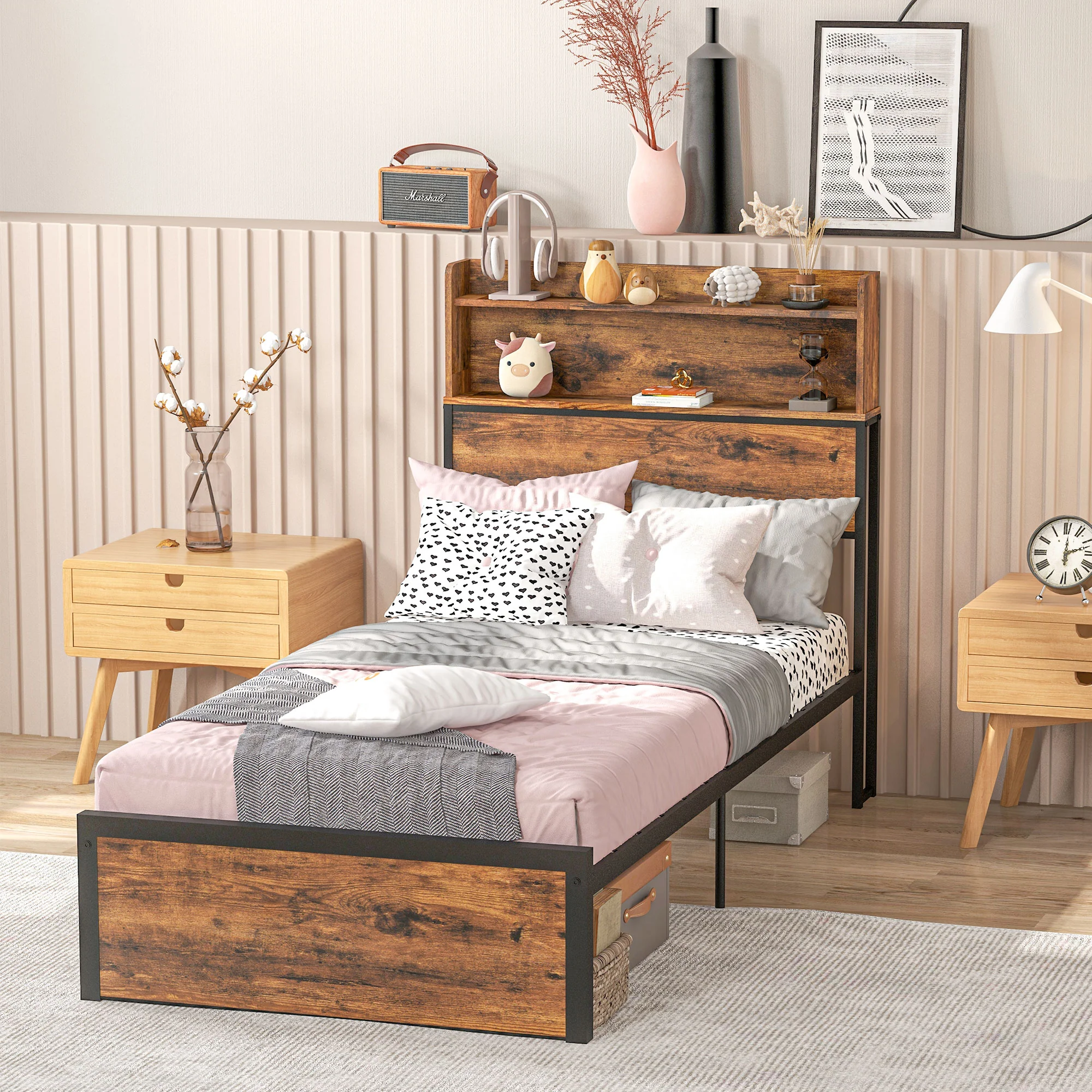 3.1FT Industrial Single Bed Frame with Storage Headboard, Slatted Support, Rustic Brown - Image 4