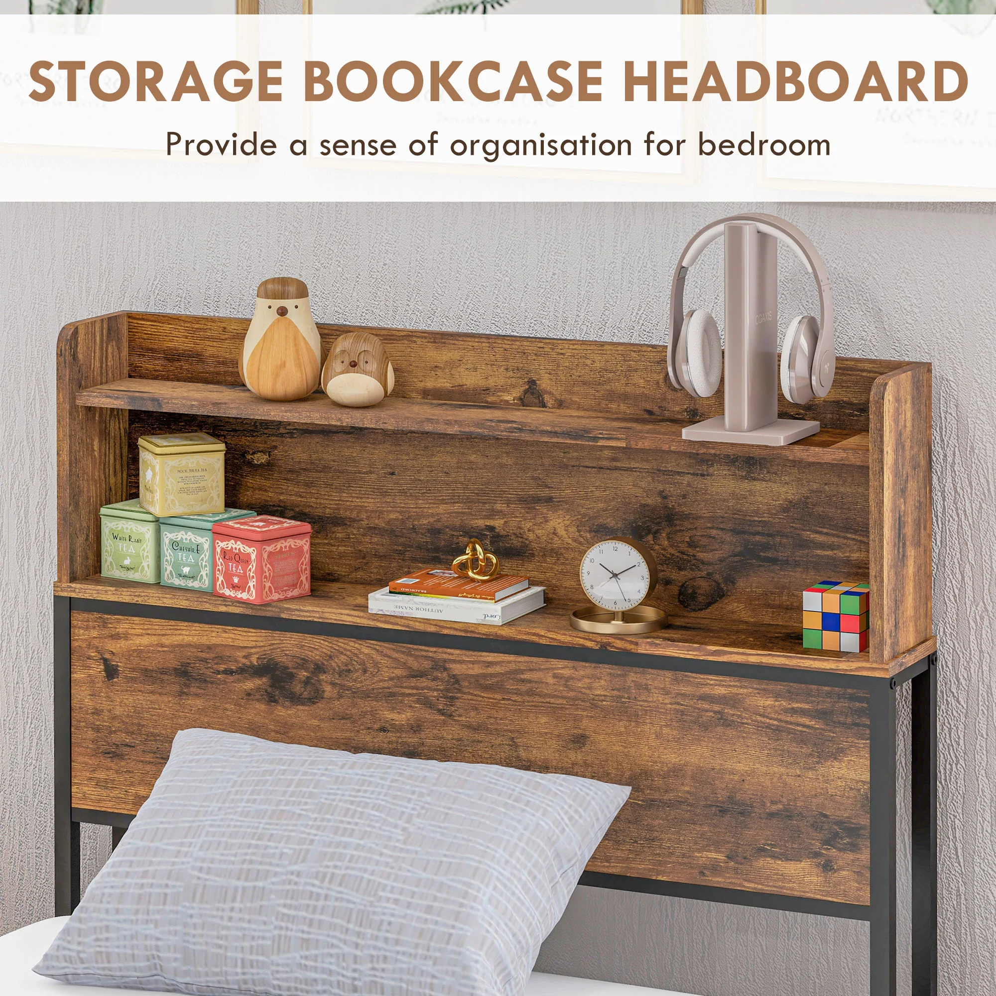 3.1FT Industrial Single Bed Frame with Storage Headboard, Slatted Support, Rustic Brown - Image 6