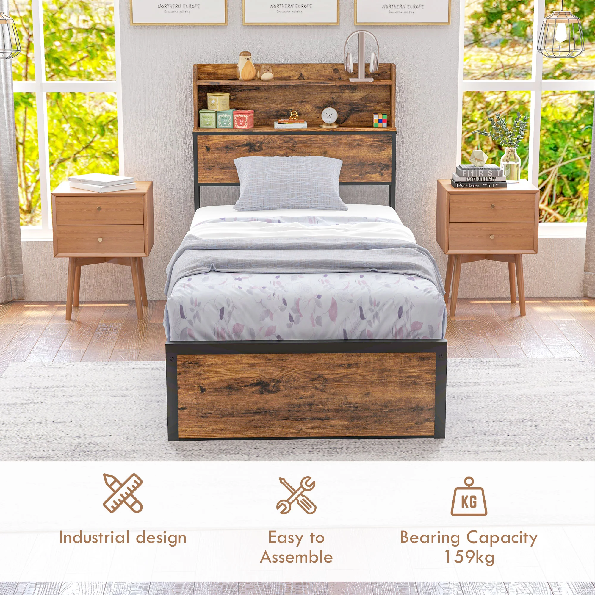 3.1FT Industrial Single Bed Frame with Storage Headboard, Slatted Support, Rustic Brown - Image 8