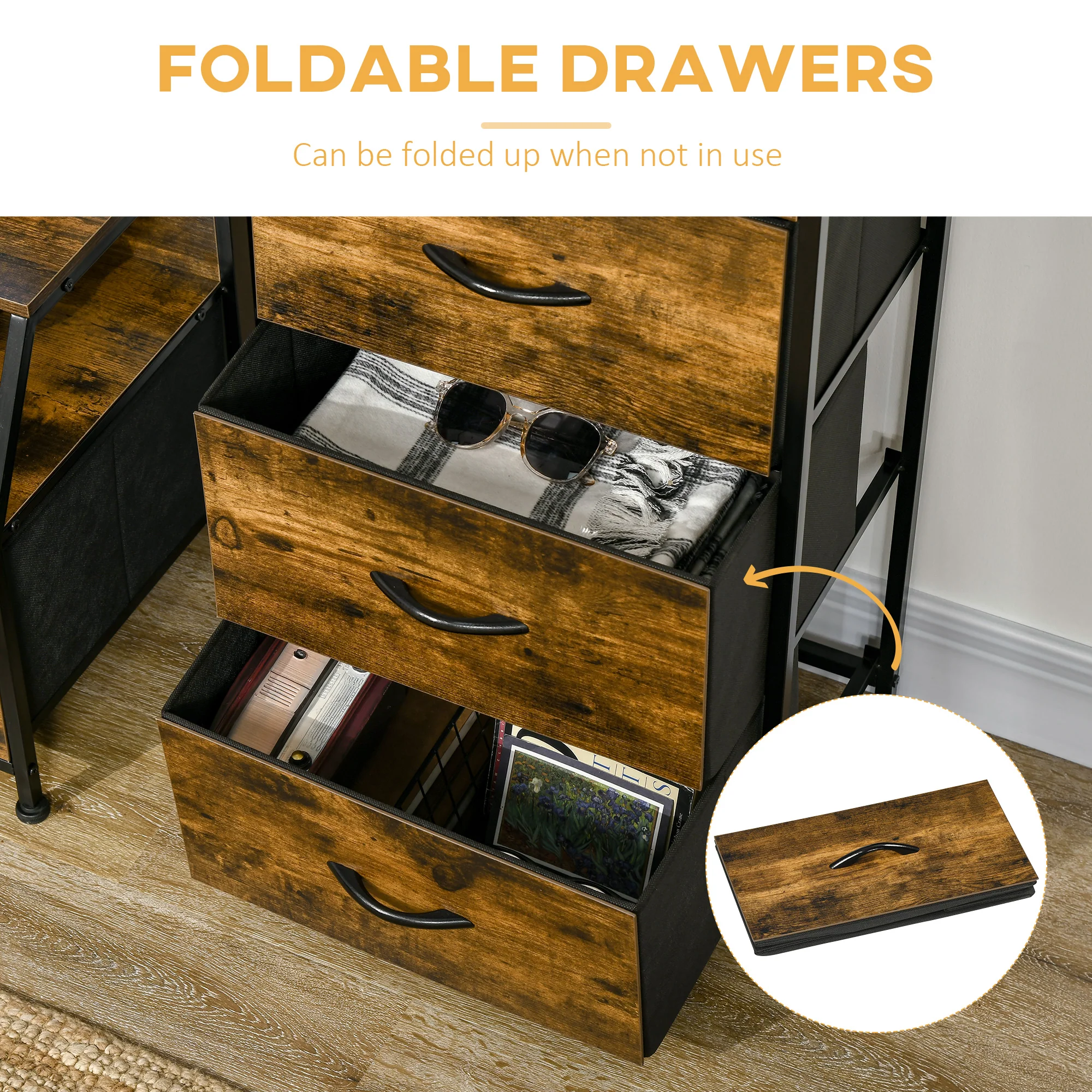 Industrial Storage Cabinet with Shelves & 3 Fabric Drawers for Living Room, Rustic Brown - Image 7