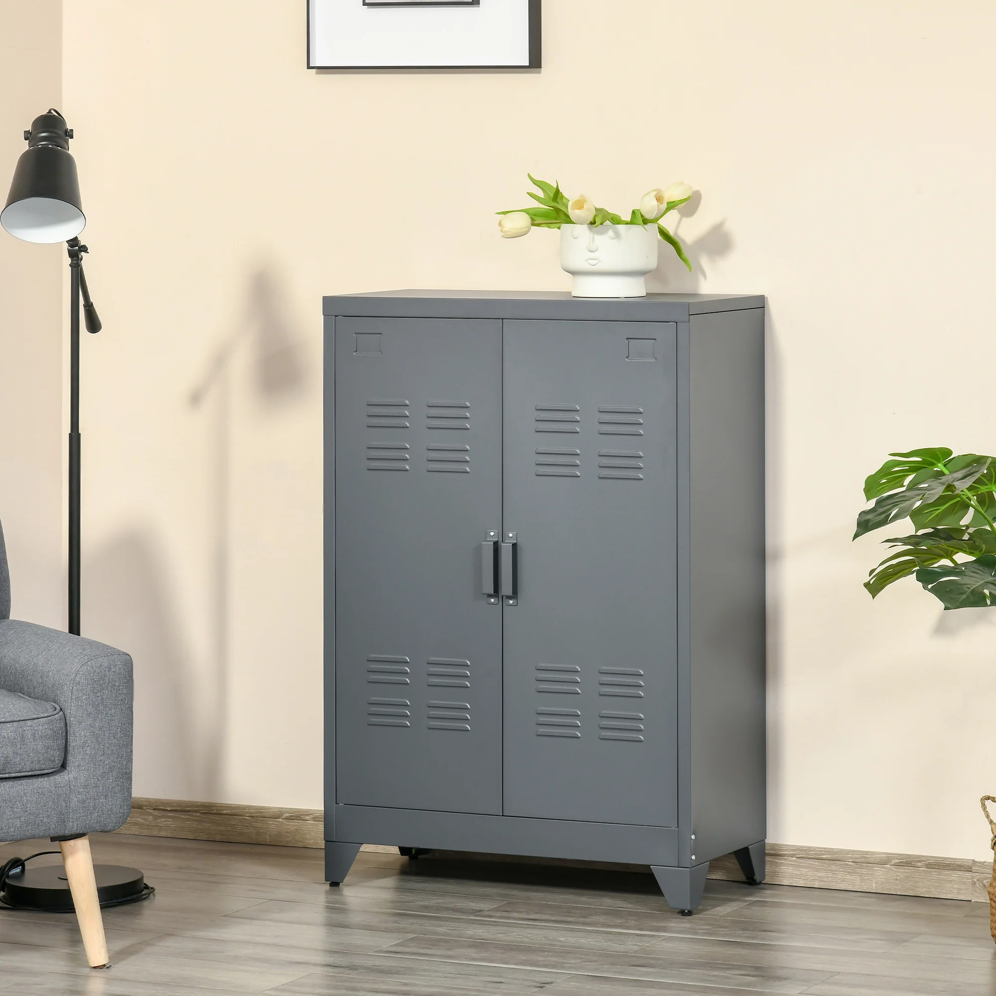 Industrial Steel Garage Storage Cabinet w/ Double Doors & Adjustable Shelves, Grey - Image 3