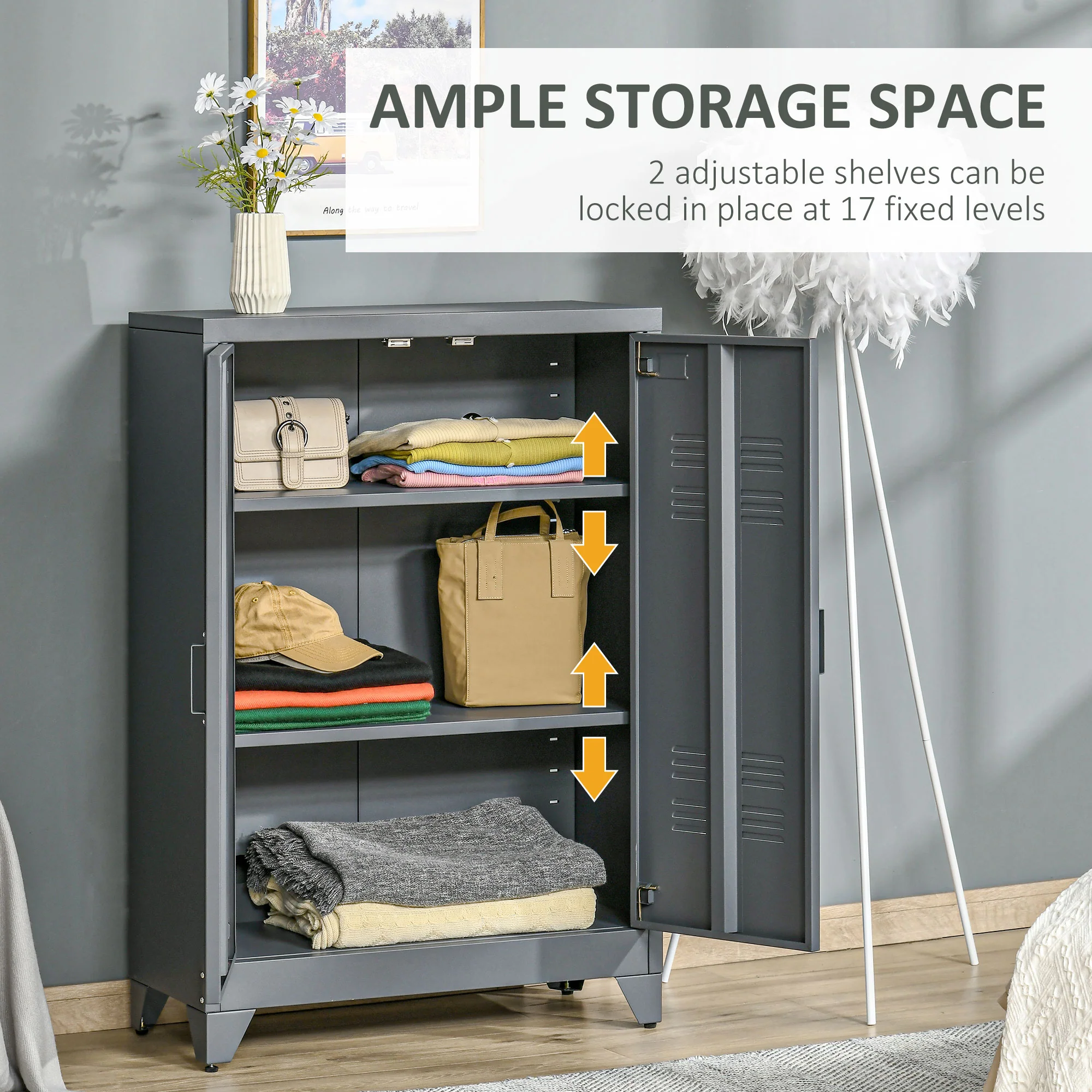Industrial Steel Garage Storage Cabinet w/ Double Doors & Adjustable Shelves, Grey - Image 6