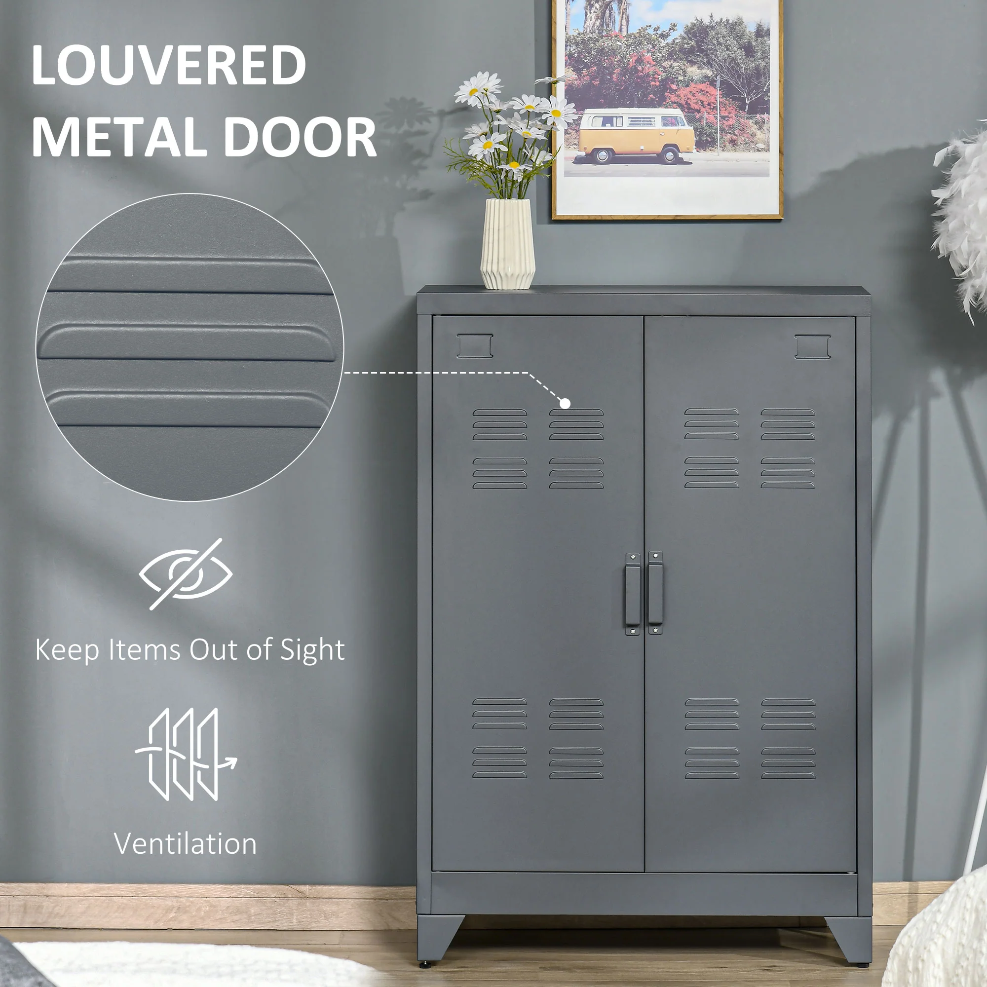Industrial Steel Garage Storage Cabinet w/ Double Doors & Adjustable Shelves, Grey - Image 7