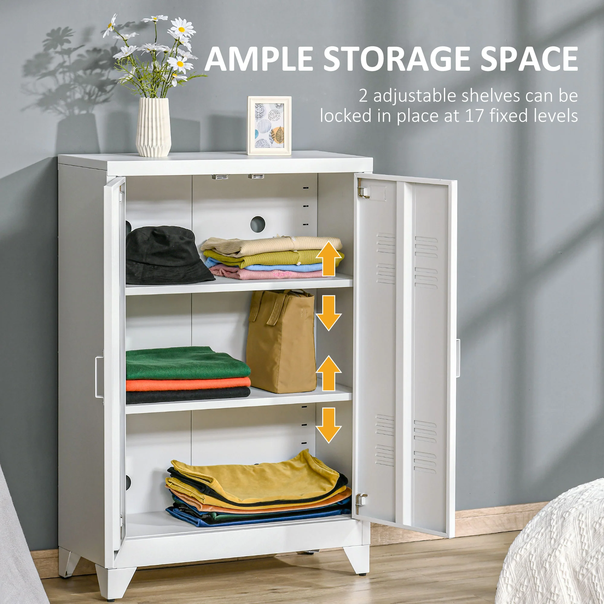 Industrial Steel Garage Storage Cabinet w/ Double Doors & Adjustable Shelves, White - Image 6