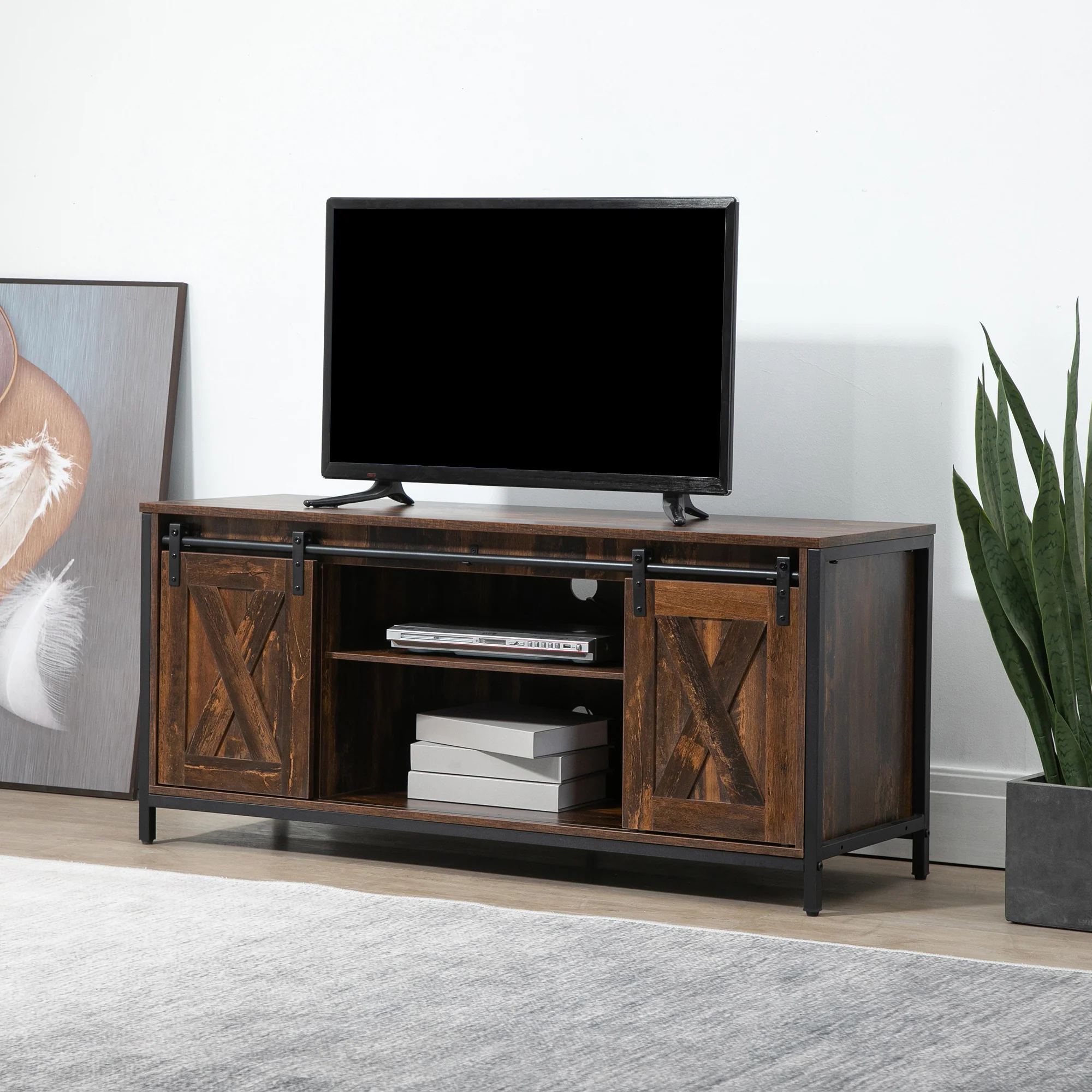 Industrial TV Stand for up to 60" TV with Sliding Barn Doors, Brown - Image 3