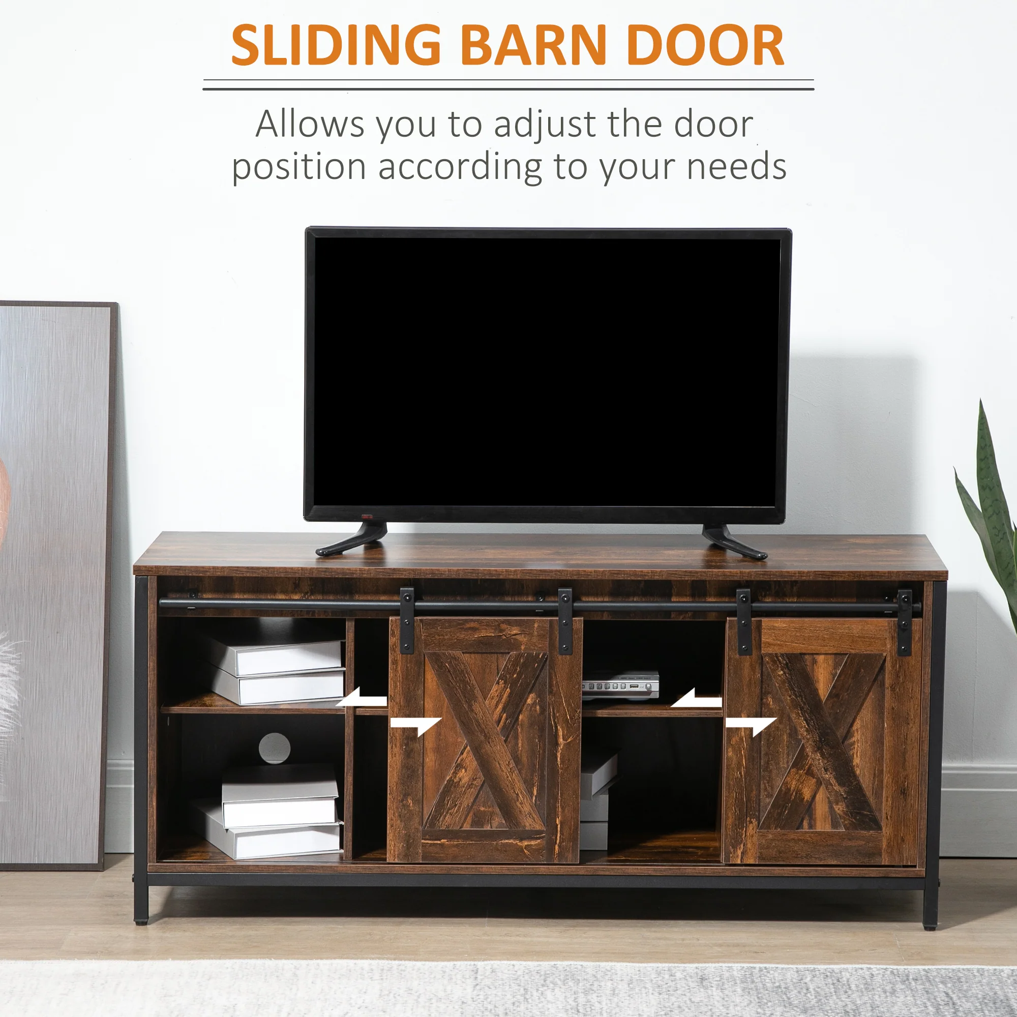 Industrial TV Stand for up to 60" TV with Sliding Barn Doors, Brown - Image 8