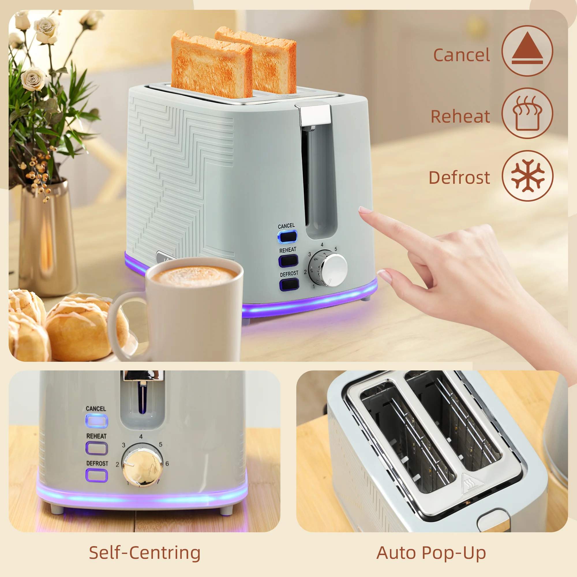 Kettle and Toaster Set, 1.7L 3000W Rapid Boil Jug Kettle with Otter Thermostat, Limescale Filter, 2 Slice Toaster with 7 Browning Controls, Crumb Tray, Grey - Image 10
