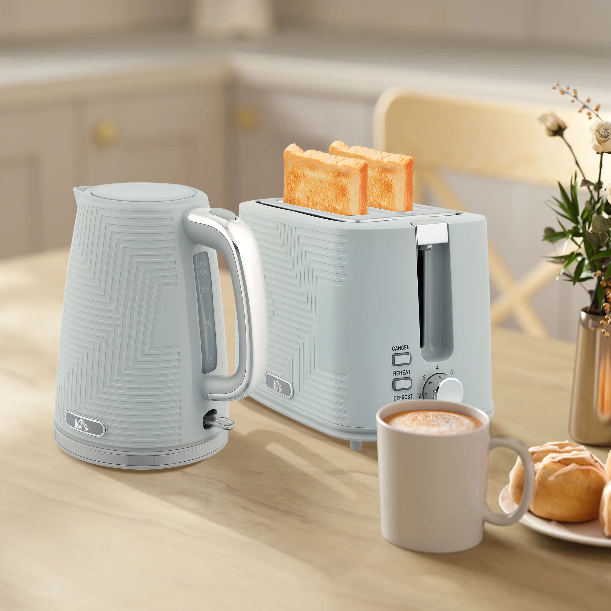 Kettle and Toaster Set, 1.7L 3000W Rapid Boil Jug Kettle with Otter Thermostat, Limescale Filter, 2 Slice Toaster with 7 Browning Controls, Crumb Tray, Grey - Image 4